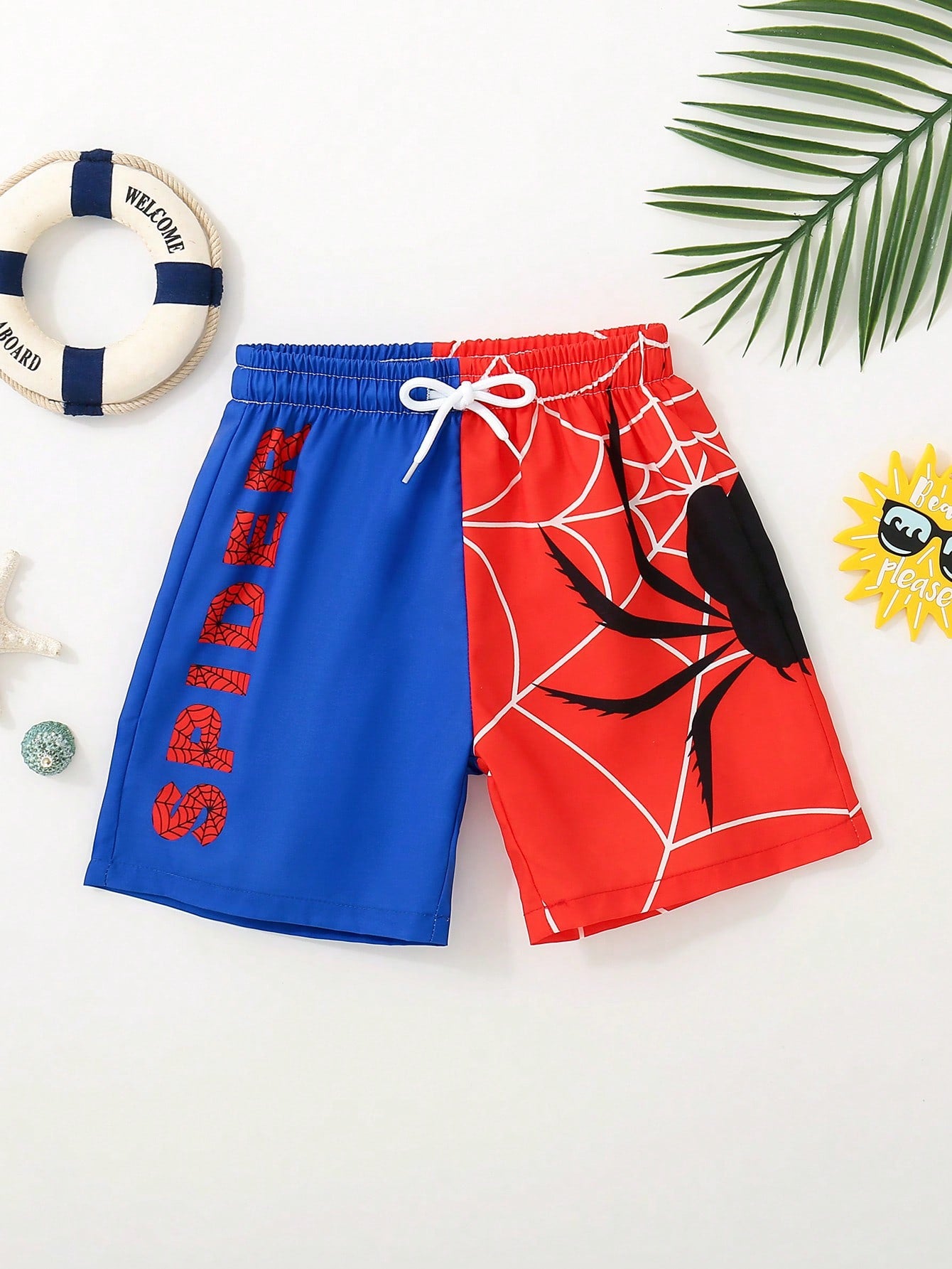 Young Boy New Summer Beach Black And Red Spider Pattern Swim Trunk