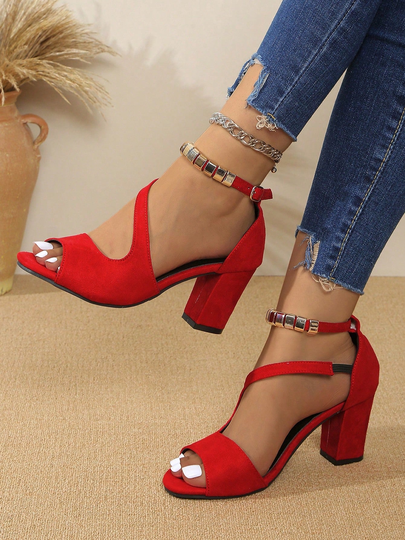 Fashionable Lady's Versatile Suede High Heels, New Fish-Mouthed Chunky Heels Sandals For Women In Spring And Summer