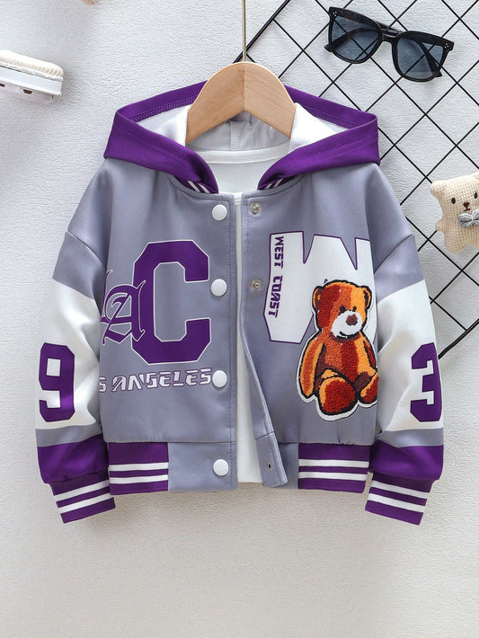 Back To School Season Young Girls' Creative Bear & Letter Print Color Block Hooded Short Jacket, Children's Sporty And Cool Outfit, Spring And Autumn