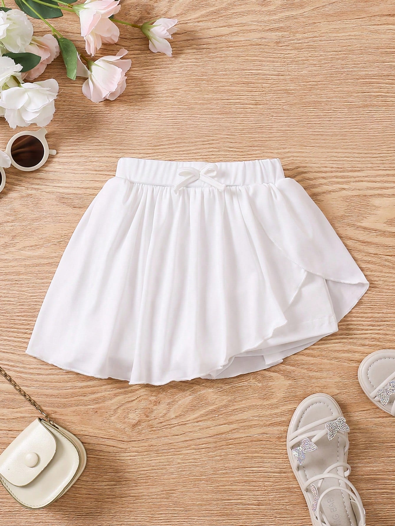 Young Girls' Solid Color Pleated Skirt With Waist Bow Decoration