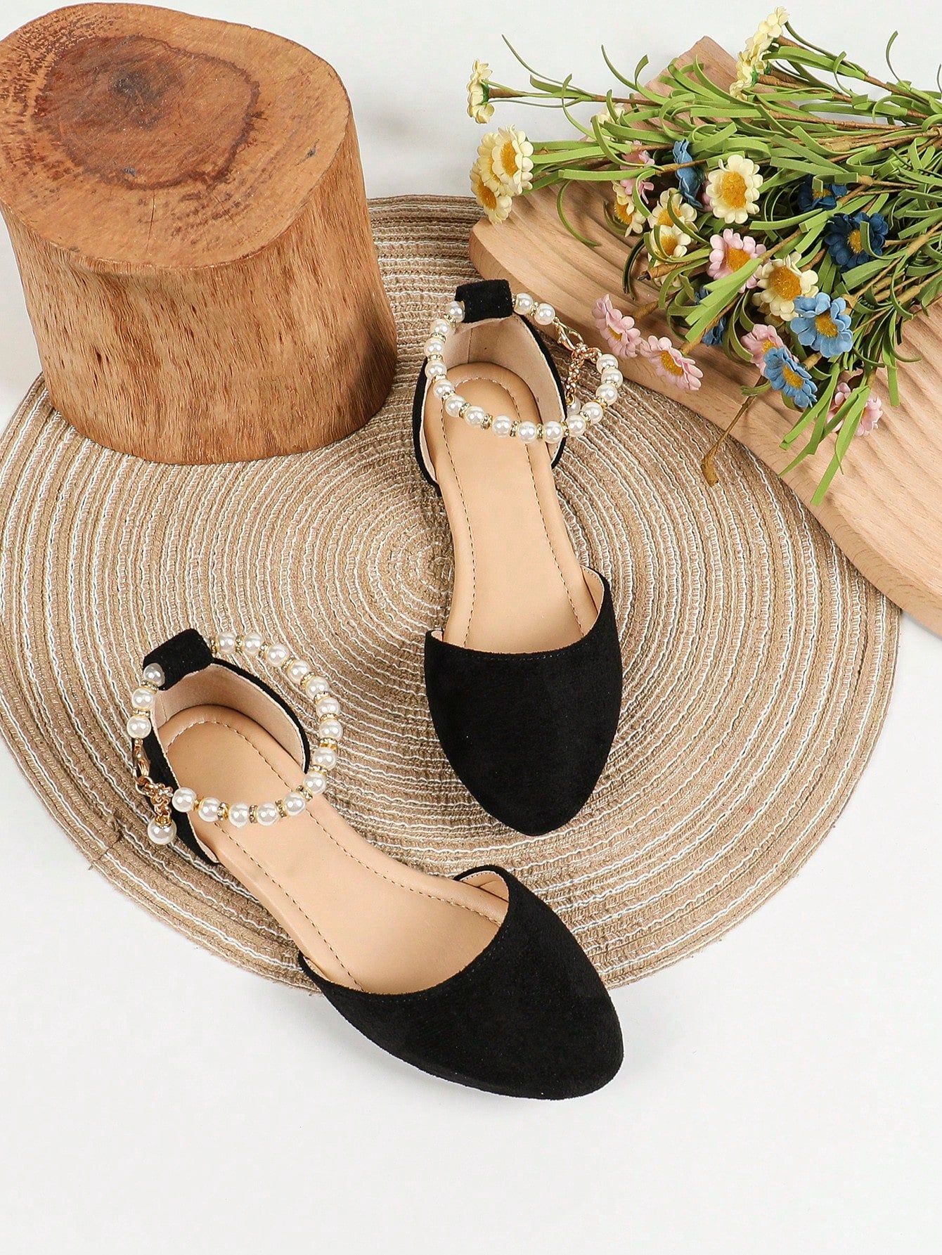 Fashionable Girls' Pointed Toe Flat Shoes For Children And Teenagers, Outdoor Leather Flats, White Pearl Decor Comfortable Casual Shoes