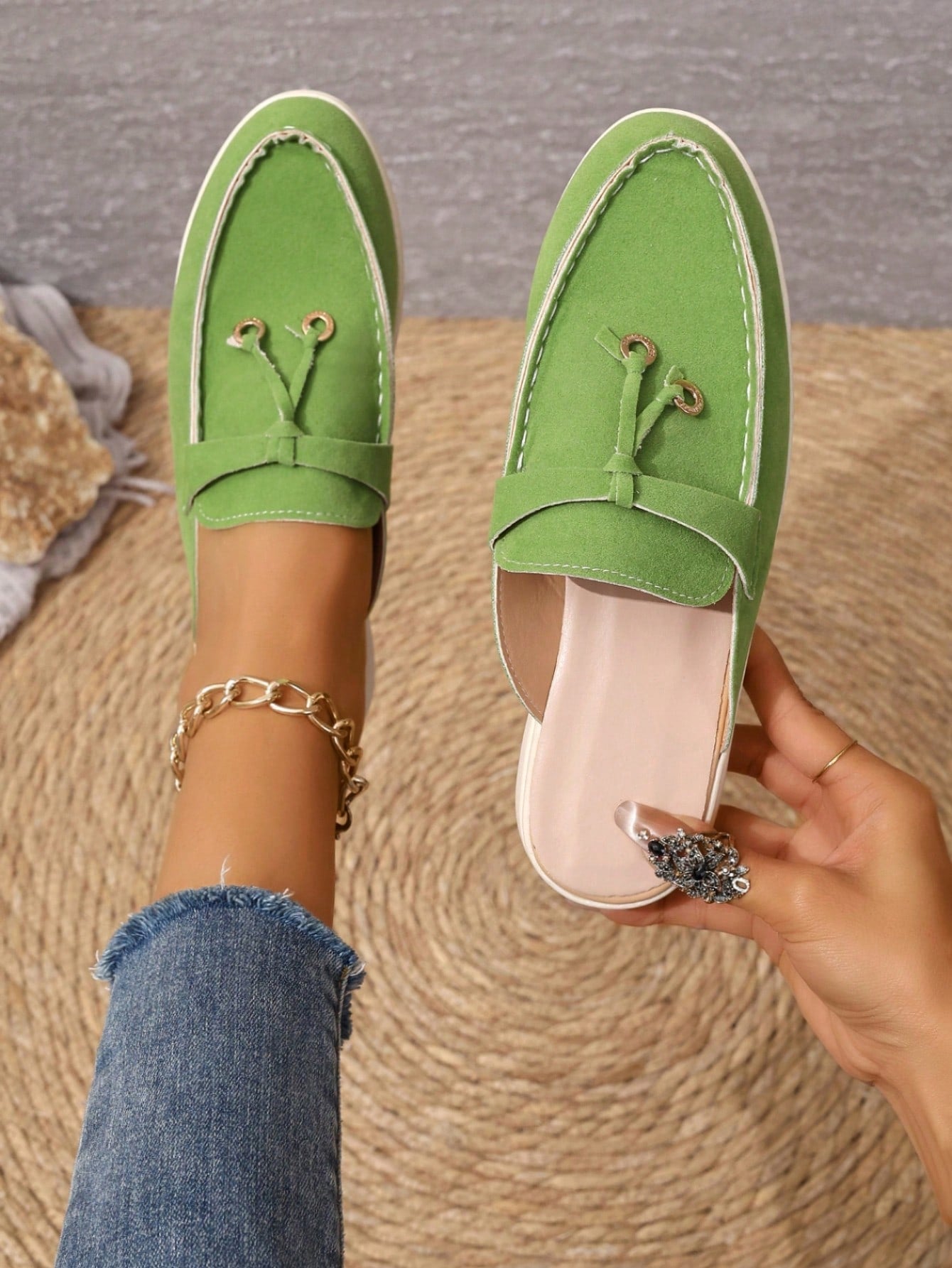 Women's Comfortable And Fashionable Solid Color Round Toe Slip-On Loafers, Multiple Colors Available, Green, Soft And Comfortable Flat Shoes For Casual Wear