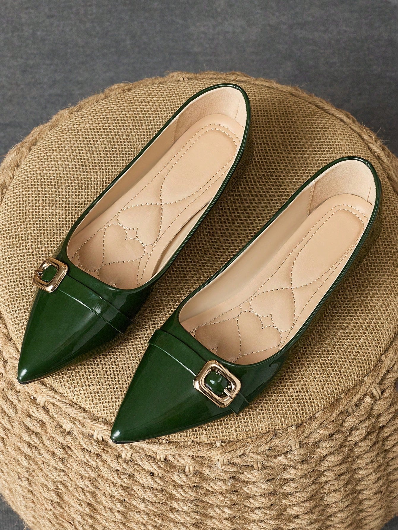 Women's Pointed Toe Flat Casual Pumps, Olive Green, Suitable For Party, Daily Wear, And Outdoor Activities