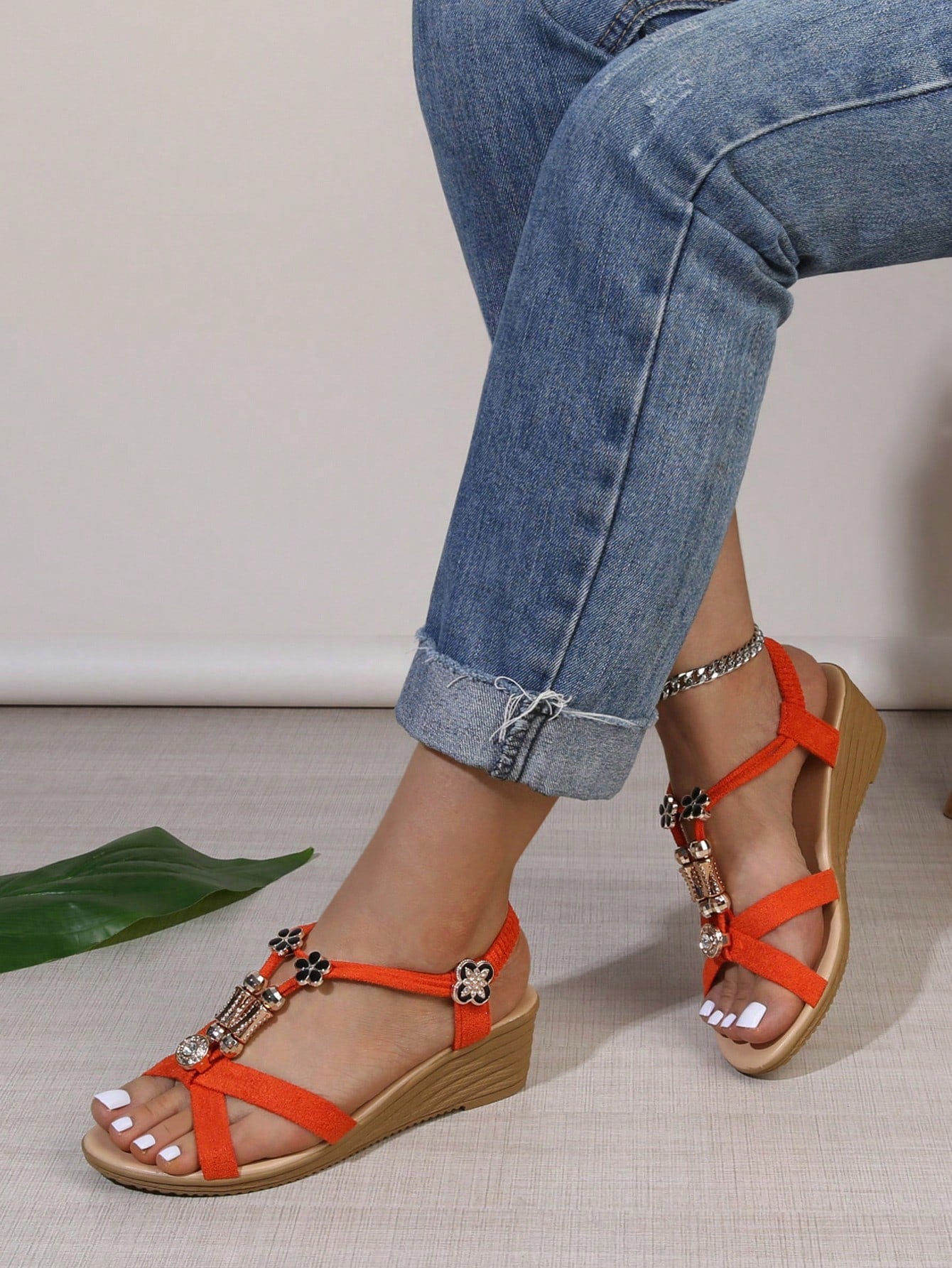 Women's Fashionable & Comfortable Round Toe, Open Toe, Strap, Rhinestone Decorated Wedge Heel Sandals In Orange