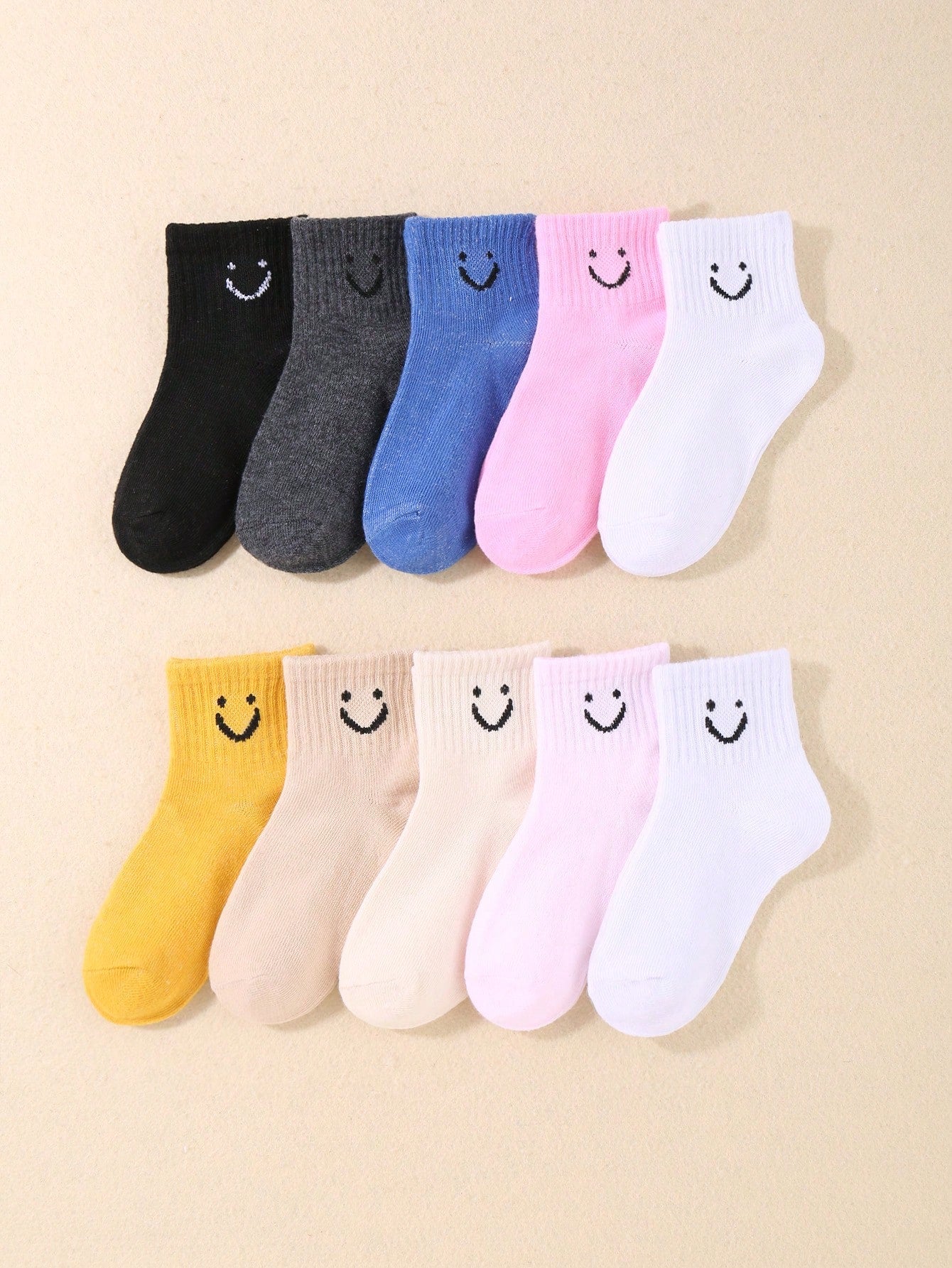 10pairs Children's Random Color Solid Smile Face Design Athletic Cute Mid-Calf Socks For Daily Wear