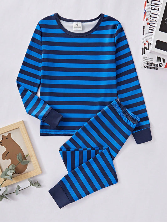 2pcs Teenage Boys' Striped Contrast Color Long Sleeve Tee And Snug Fit Jogger Pants Loungewear Set