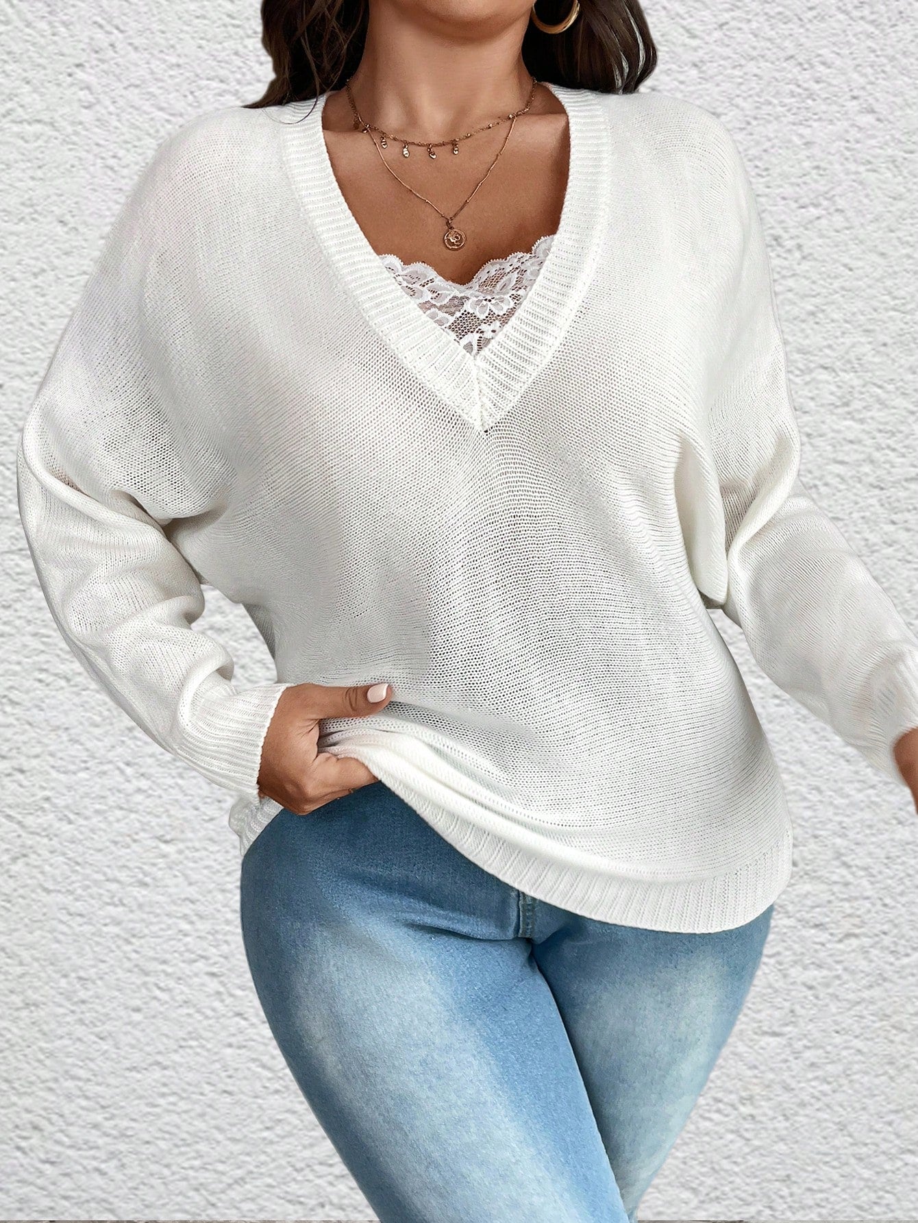 Plus Contrast Lace Long Sleeve Sweater