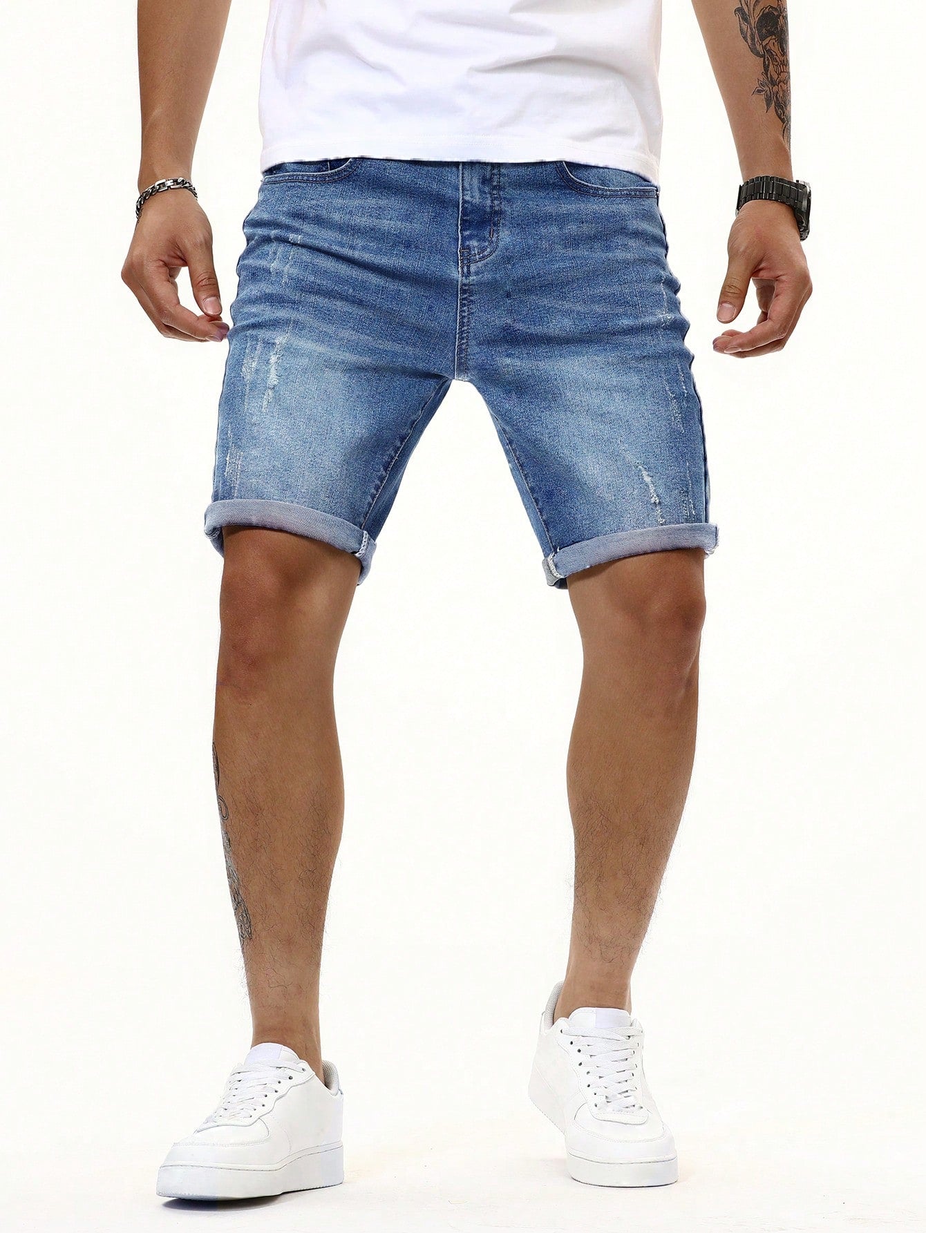 Men Cat Whiskers Washed Denim Shorts