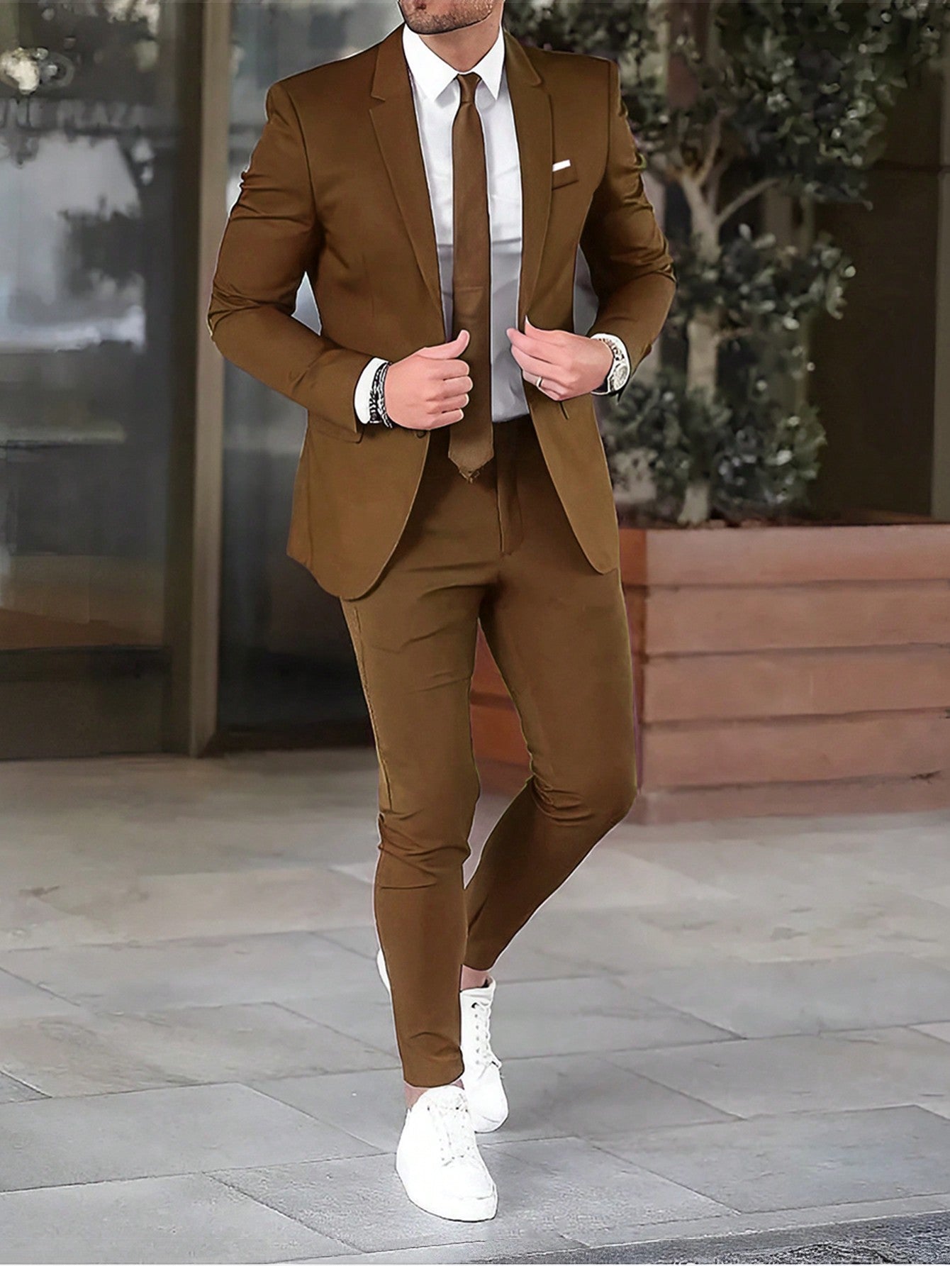 Men's Color-Block Detail Suit Set With Long Coat And Pants