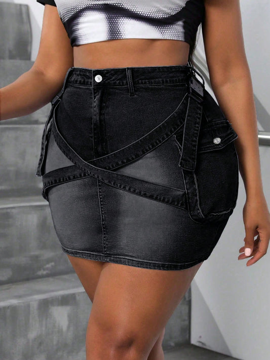 Plus Size Denim Stretchy Mini Skirt With Pocket Design, Summer