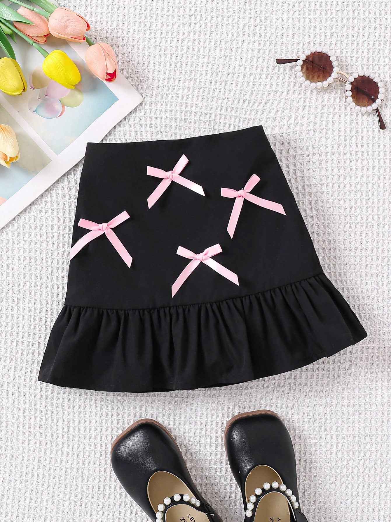 Young Girl's Woven Solid Color Bow-Knot Design Casual Skirt