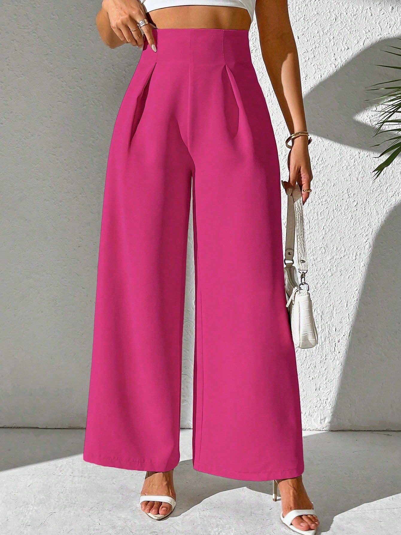 Women Wide Leg Casual Pants With Textured Solid Color Fabric