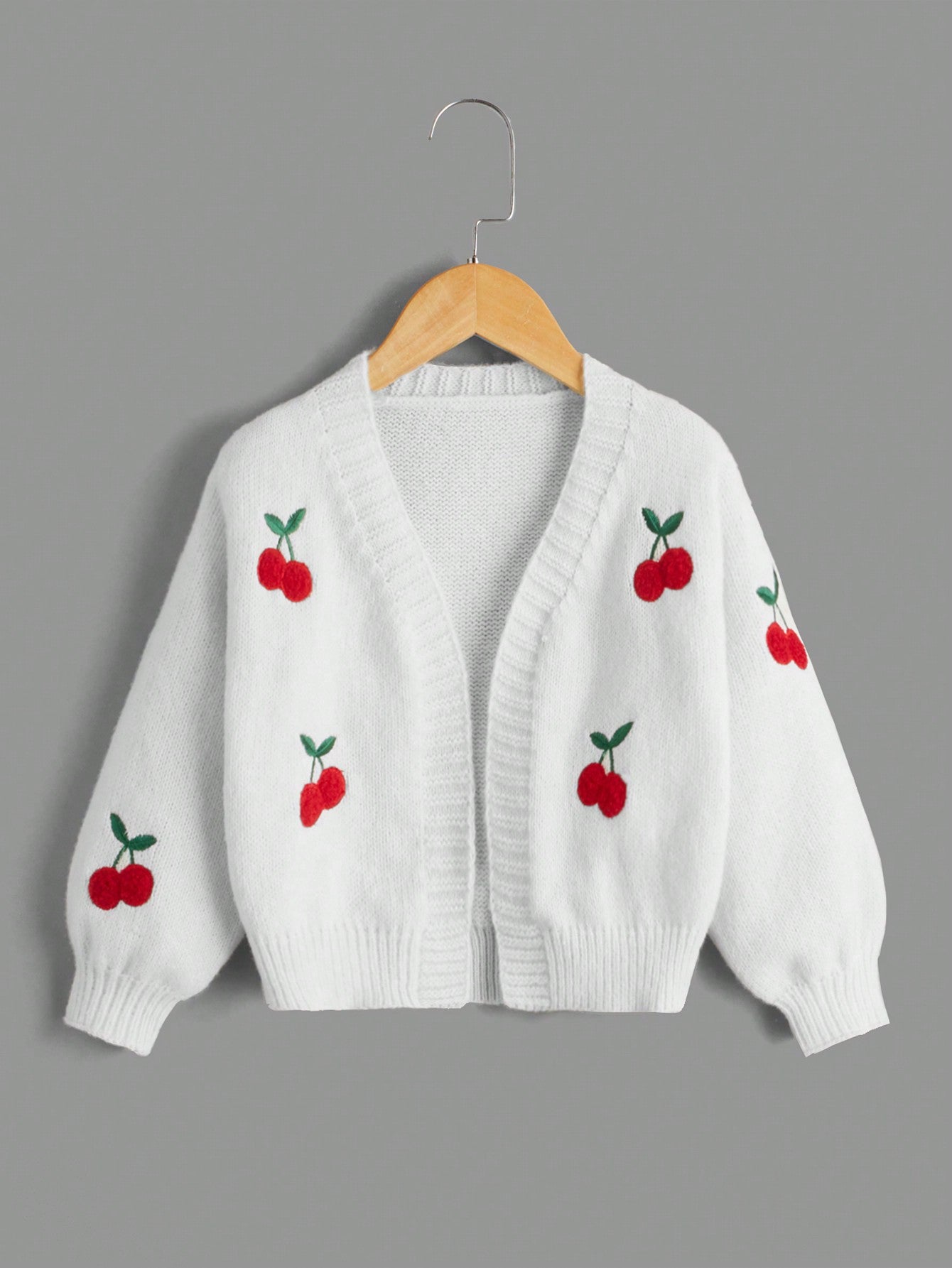 Young Girls' Cherry Embroidery Decorated Long Sleeve Cardigan Sweater