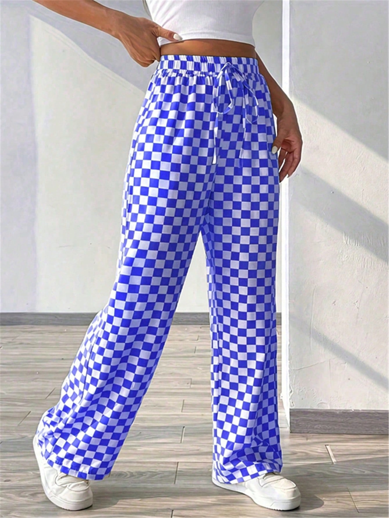 Plaid Printed Loose Casual Wide Leg Pants With Waist Tie