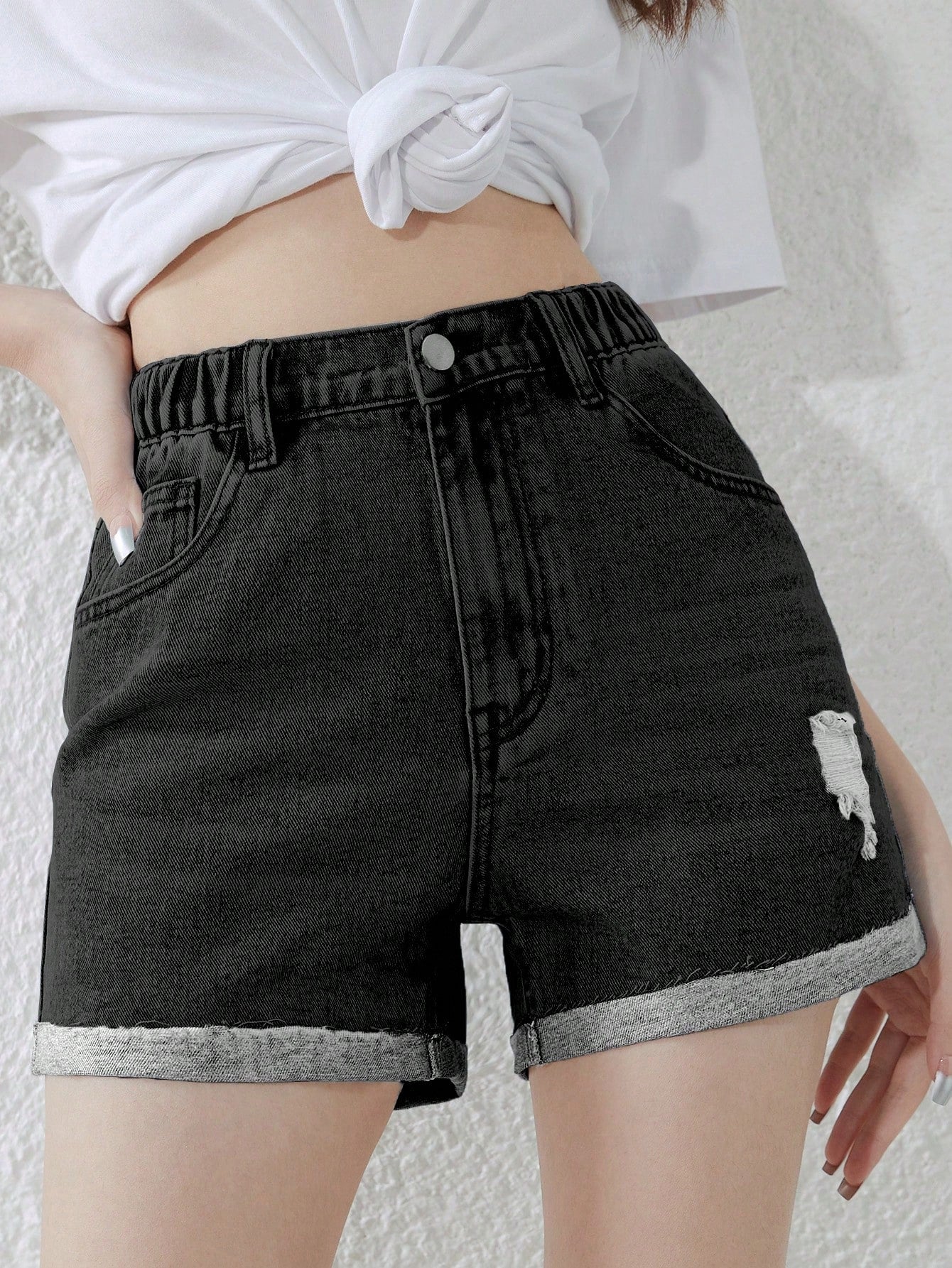 Teen Girls Ripped Roll Up Hem Denim Shorts