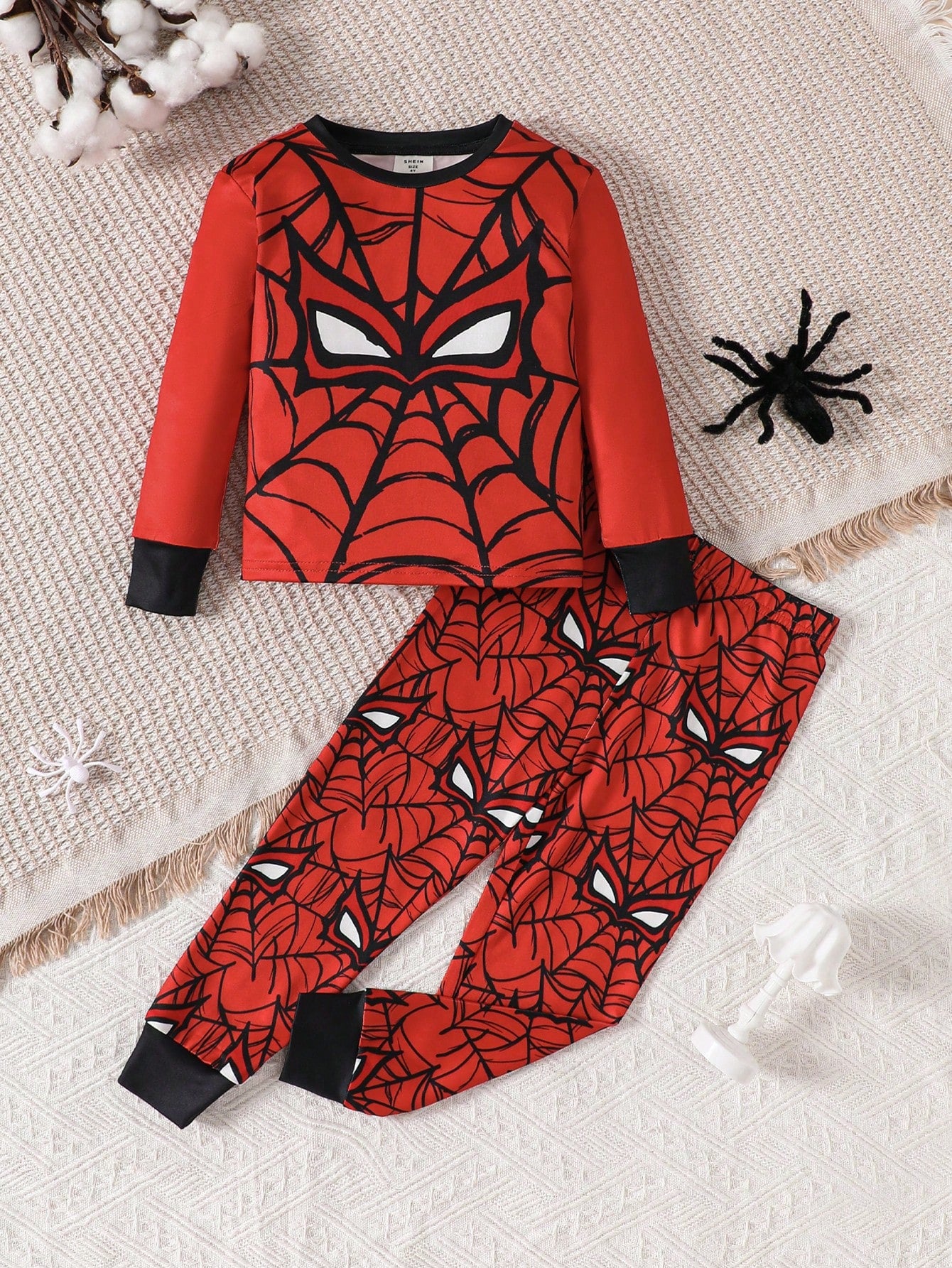 Young Boy Snug Fit Cartoon Patterned Knitted Comfortable Pajamas Set, Long Sleeve Top And Pants With Contrast Color Neckline And Cuffs