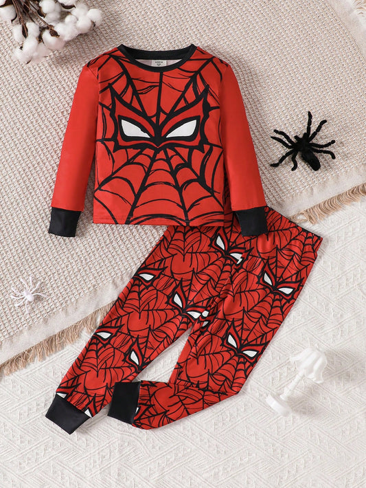 Young Boy Snug Fit Cartoon Patterned Knitted Comfortable Pajamas Set, Long Sleeve Top And Pants With Contrast Color Neckline And Cuffs