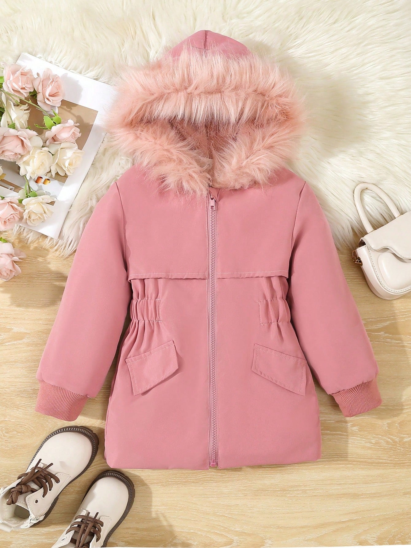 Toddler Girls Elegant Padded Coat With Faux Fur Collar, Warm & Windproof, Suitable For Fall/Winter Outings, Charcoal Pink Color For Sophisticated Look