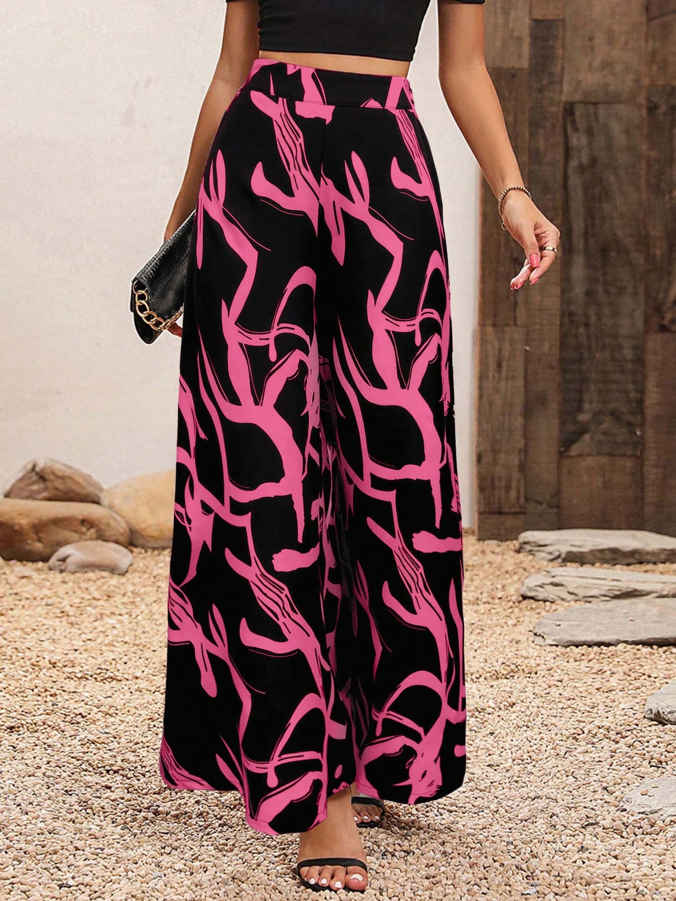 High Waisted Wide Leg Pants With Plant Print