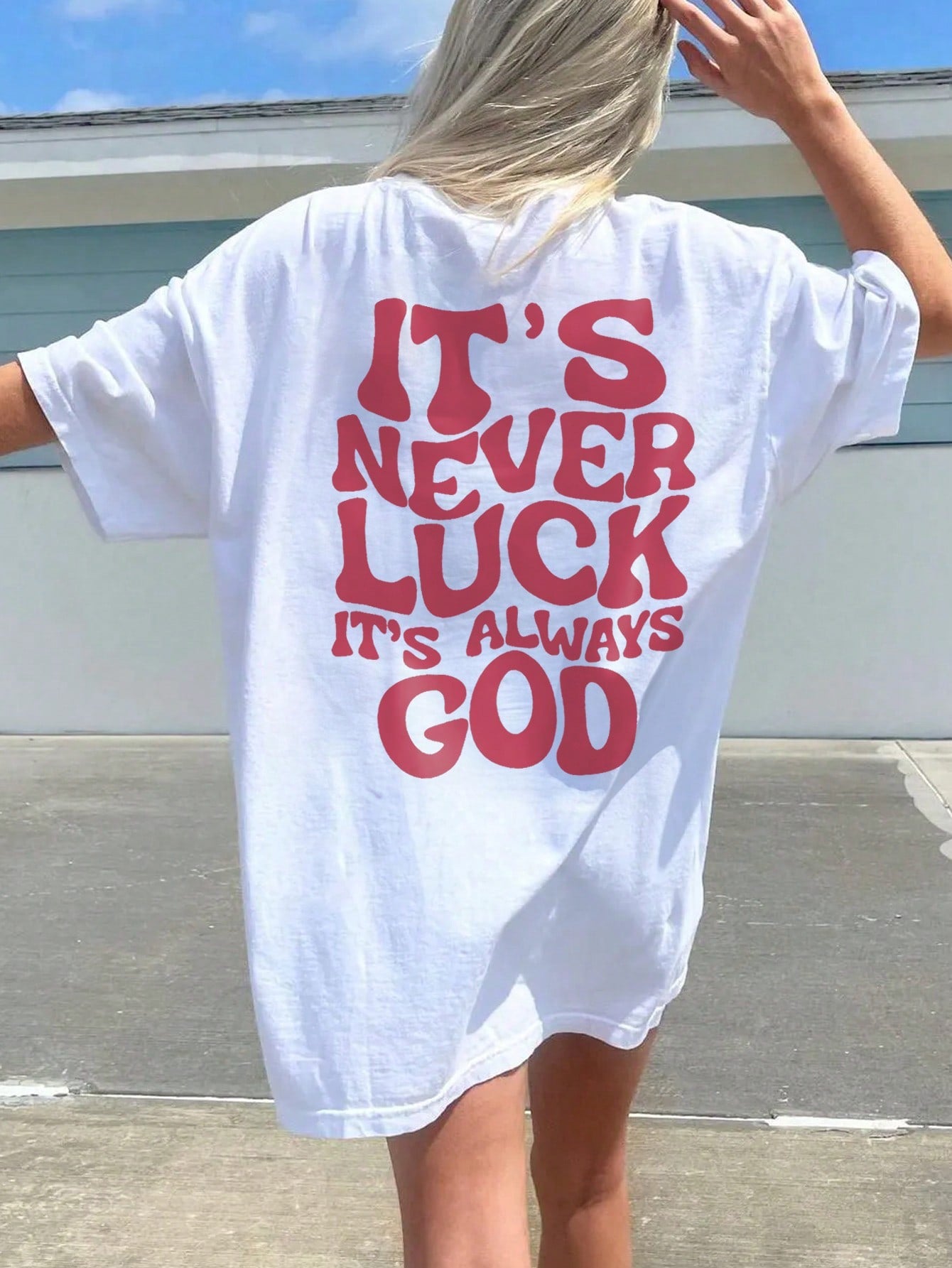 Women's Summer Round Neck Short Sleeve Casual T-Shirt With Slogan Print IT'S NEVER LUCK IT'S ALWAYS GOD