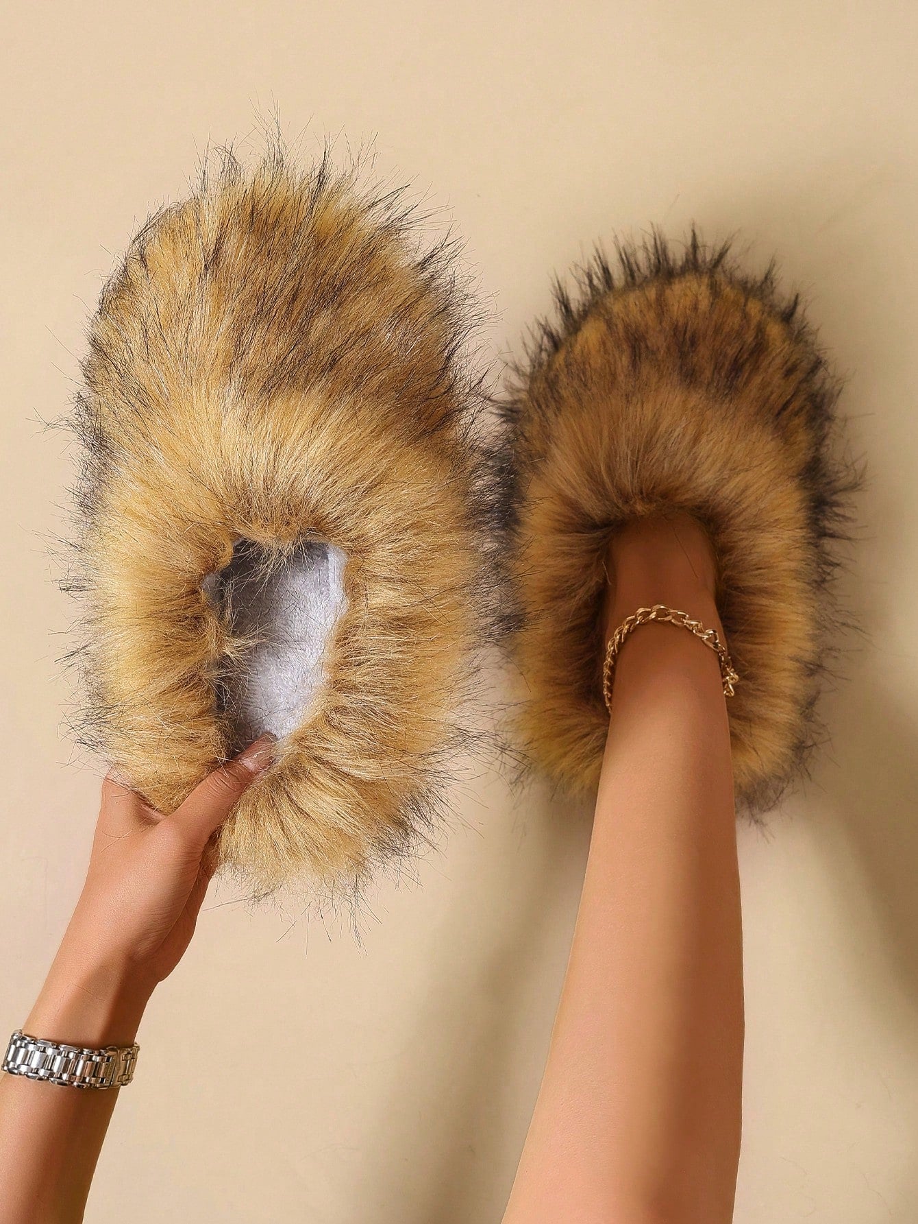 Faux Fur Lined Slippers For Women, Warm Indoor Slip-On Fluffy House Shoes, Plus Size Slippers For Outdoor Wear