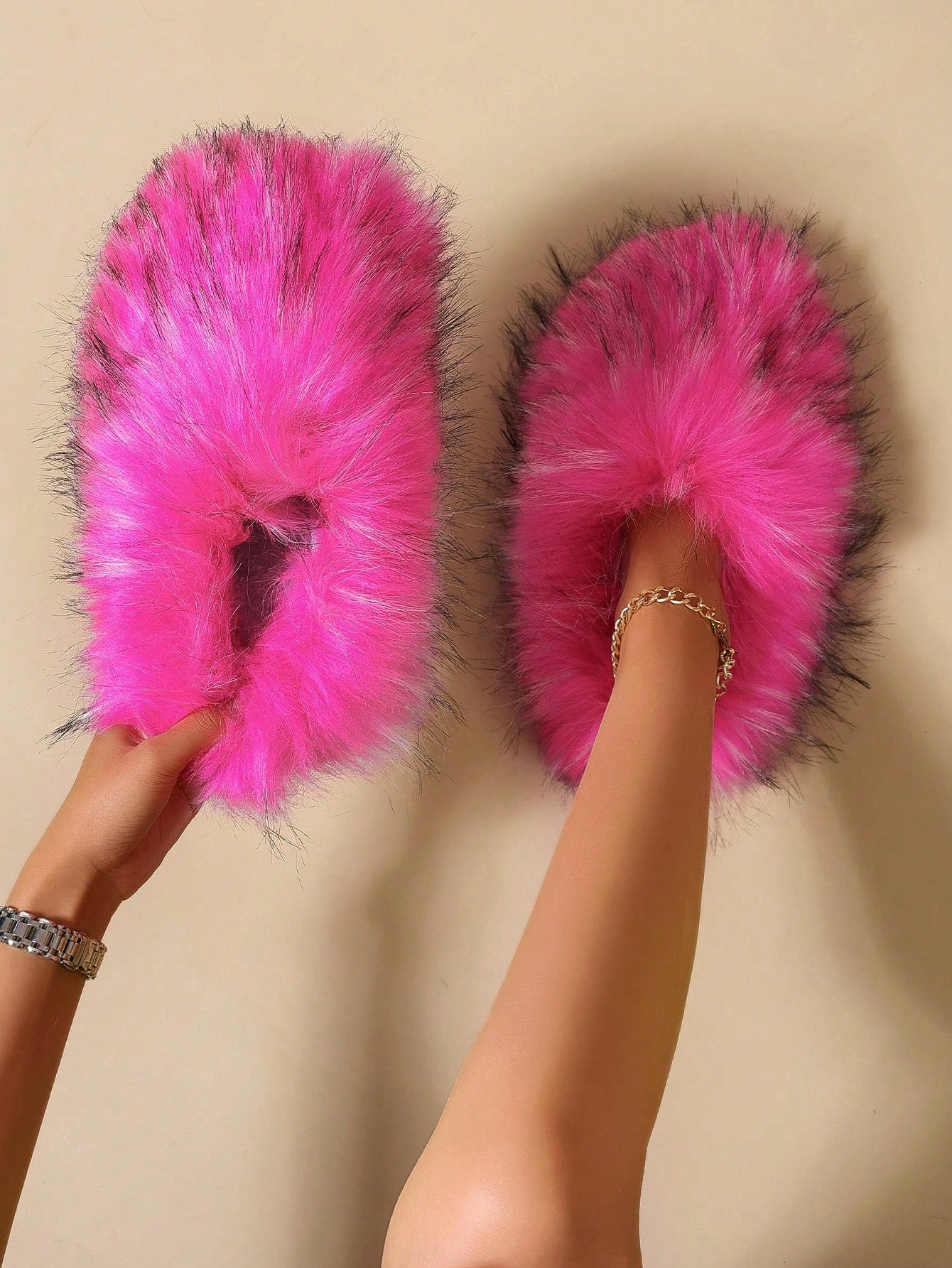 Furry Slippers For Women, Spring Warm Fleece Lined Indoor Quiet House Slippers, Plus Size, Faux Fur Fashion Slip-On Slippers