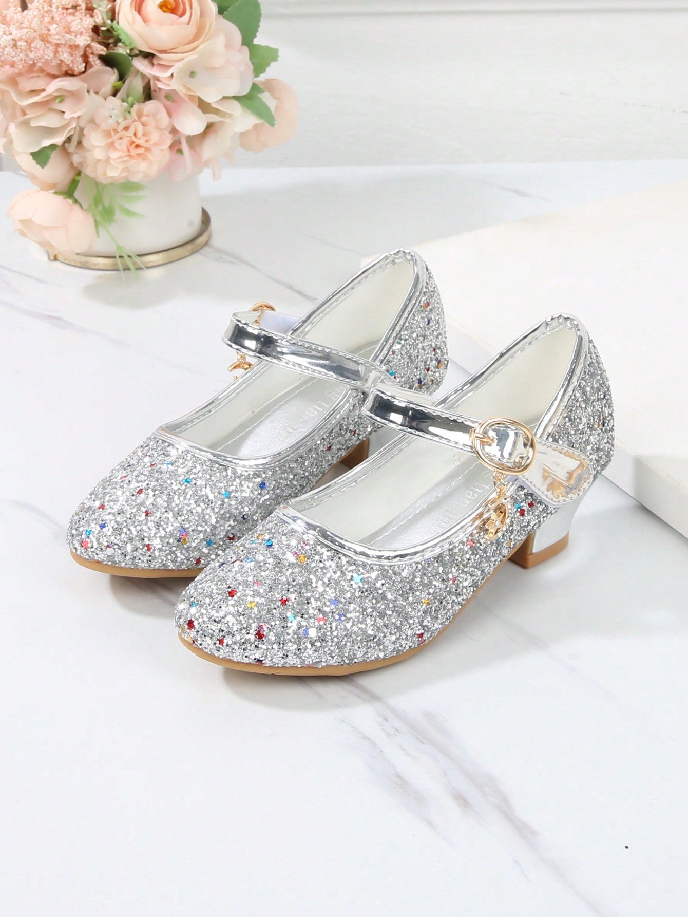 Girls' High Heel Shoes, Korean Style Princess Leather Shoes With Sequins, Suitable For Dancing And Spring/Autumn Season