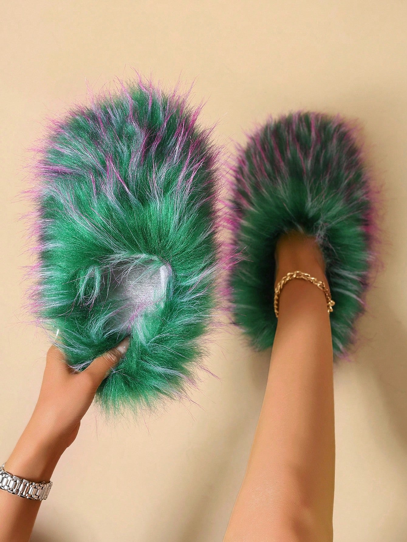 Faux Fur Lined Slippers For Women, Warm Indoor Slip-On Fluffy House Shoes, Plus Size Slippers For Outdoor Wear