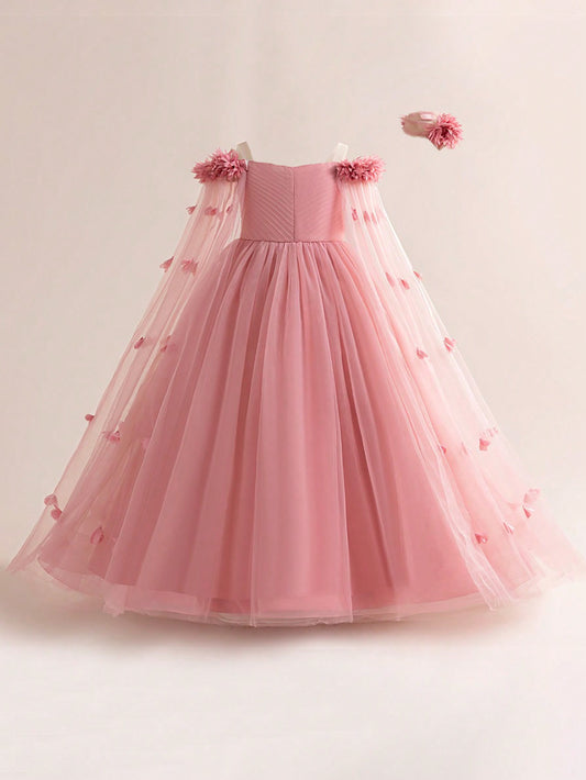 Tween Girl Long Mesh Floral Decorated Dress, Elegant Formal Dress Suitable For School Performances And Evening Parties