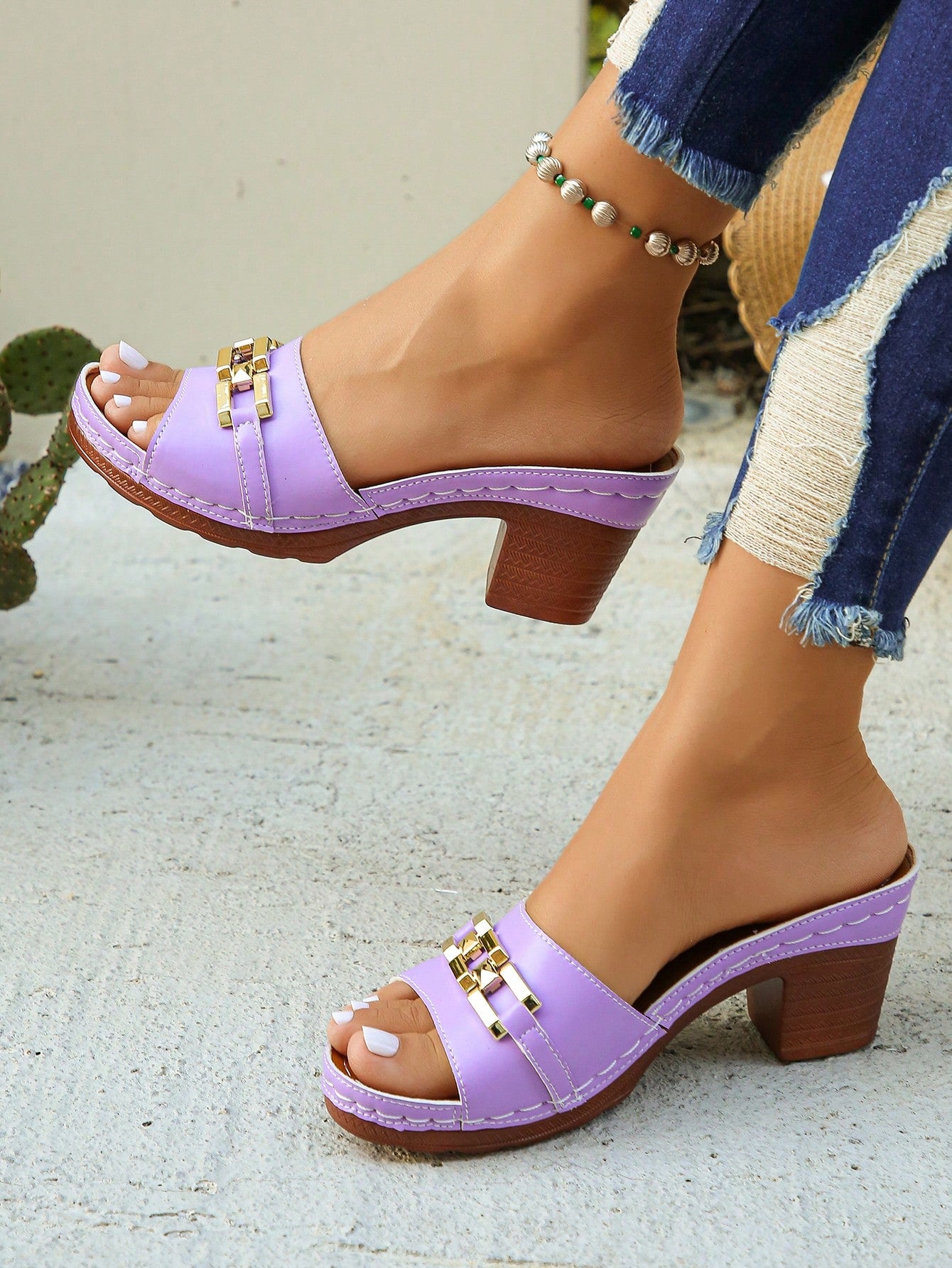 Metal-Decor Round-Toe Chunky-Heel Gladiator Sandals, Elegant Style Summer New Daily Wear 1-Strap High Heel Slippers, Light Purple