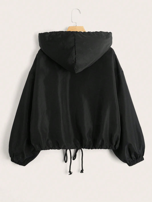 Plus Size Black Woven Windbreaker Coat With Open Front