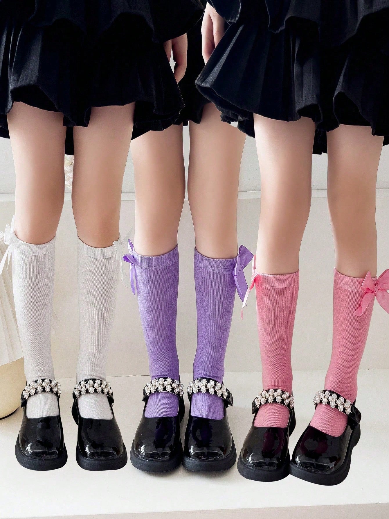 3pairs Girls' Knee High Dress Socks With Bow Decorations, Black/white, For School Uniform Or Formal Occasions