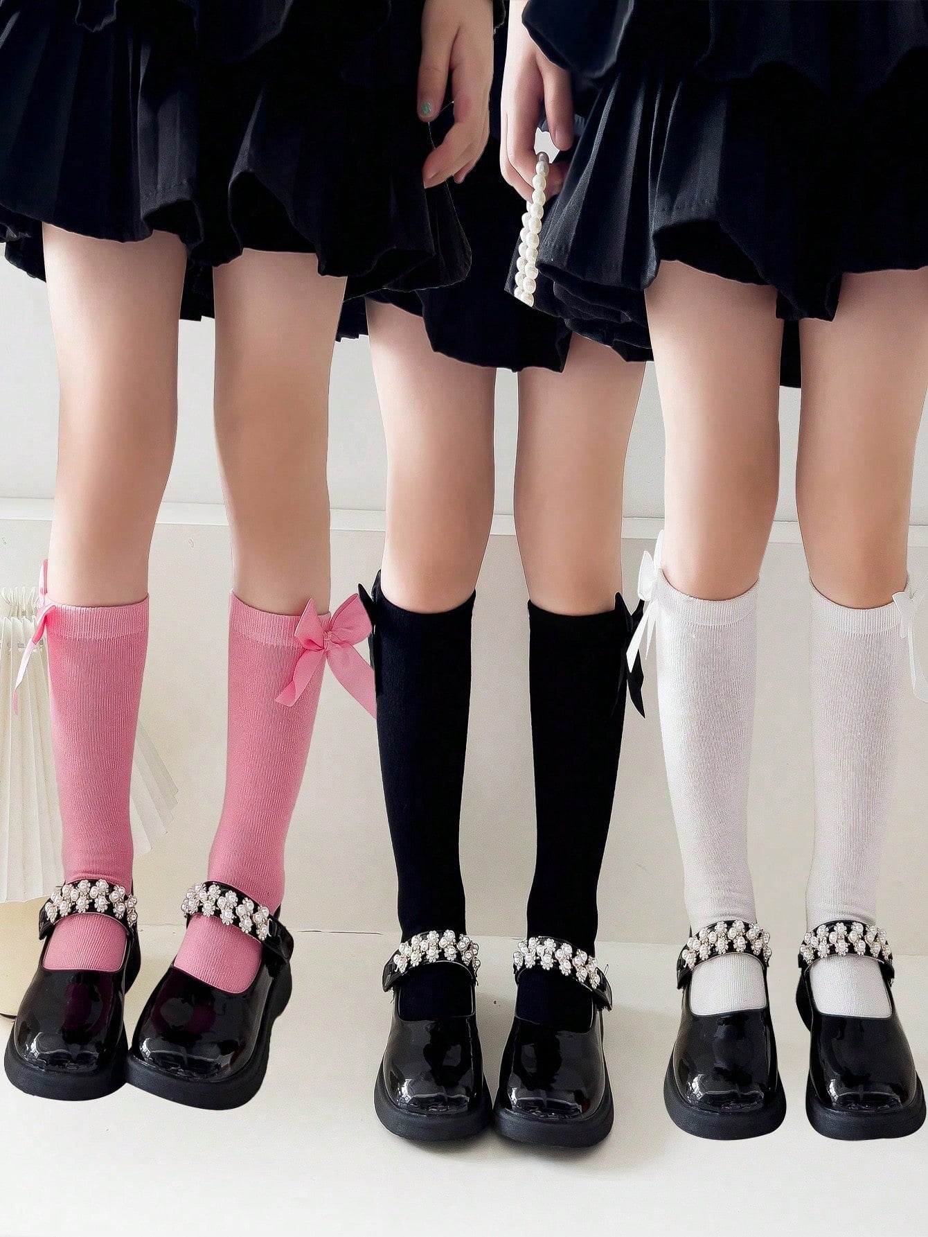 3pairs Girls' Knee High Dress Socks With Bow Decorations, Black/white, For School Uniform Or Formal Occasions