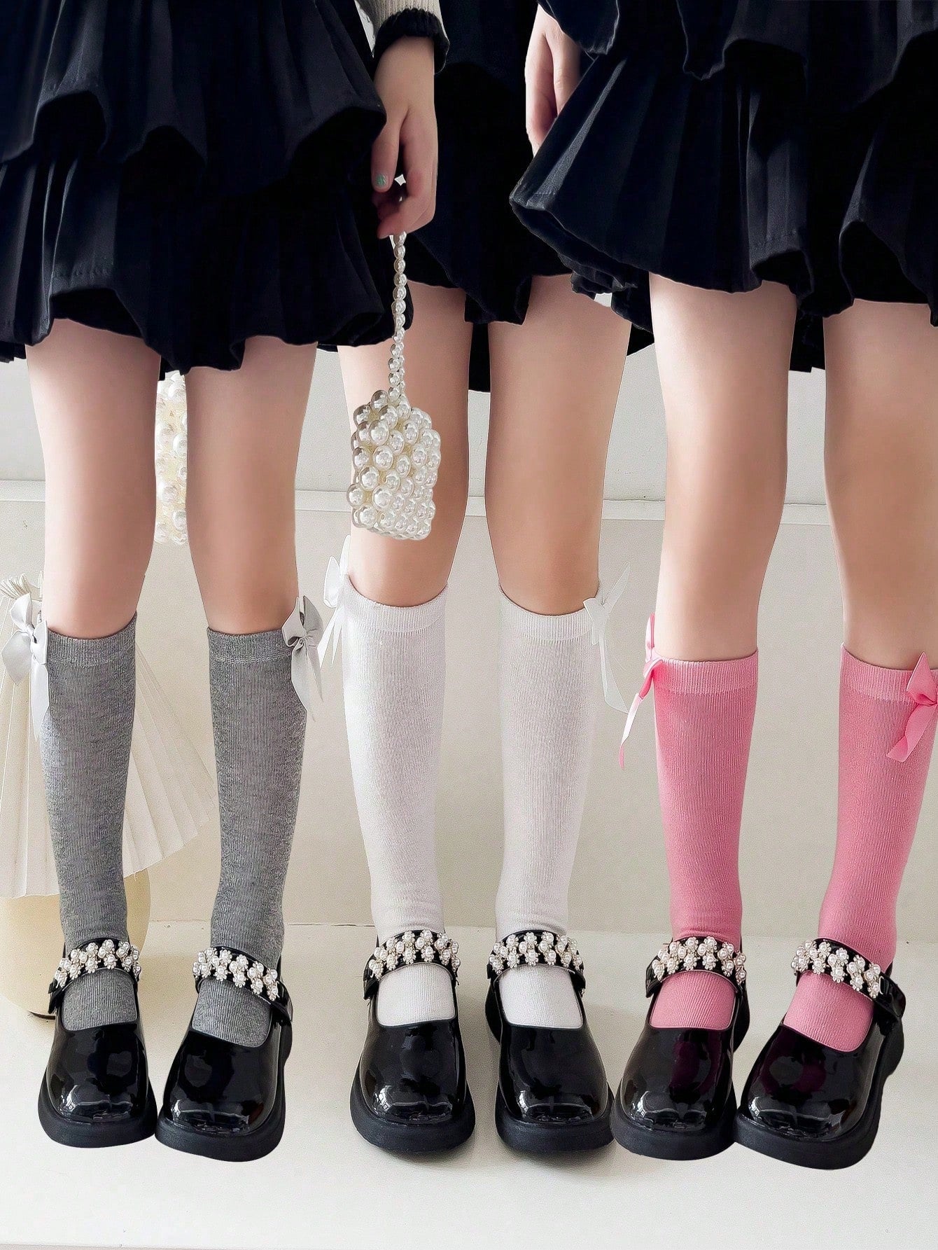 3pairs Girls' Knee High Dress Socks With Bow Decorations, Black/white, For School Uniform Or Formal Occasions