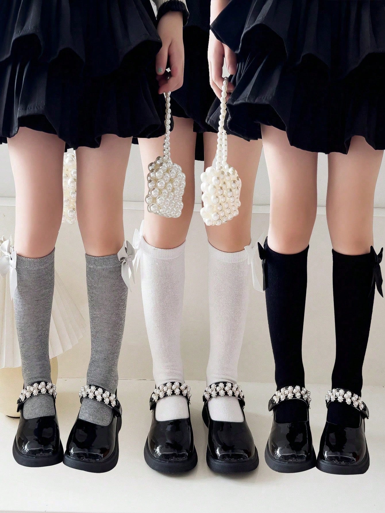 3pairs Girls' Knee High Dress Socks With Bow Decorations, Black/white, For School Uniform Or Formal Occasions