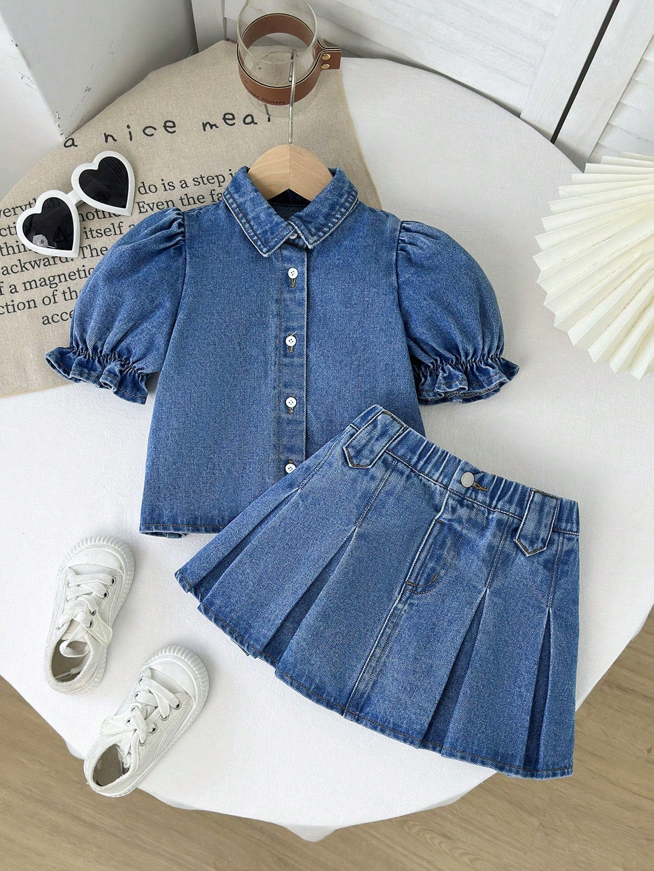 Young Girl Summer 2pcs/Set Short Puff Sleeve Denim Top And Pleated Skirt