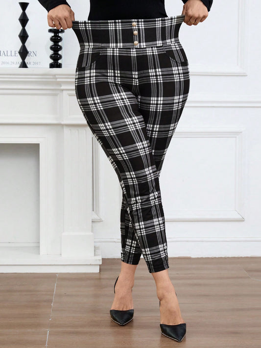 Women's Plus Size High-Waisted Slimming Plaid Printed Pants