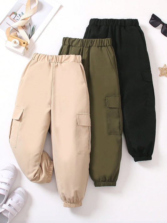 3pcs Toddler Boys' Casual Cargo Pants, Multi-Color Comfortable Sports Trousers, Spring & Autumn