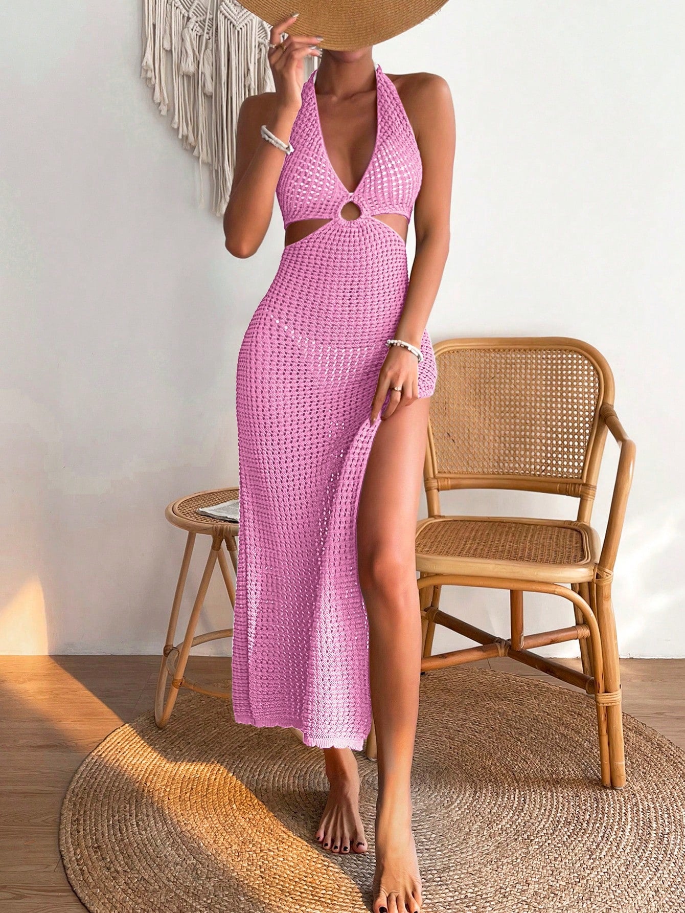 Swim Ring Linked Cut Out Tie Backless Split Thigh Cover Up Dress,Summer Beach