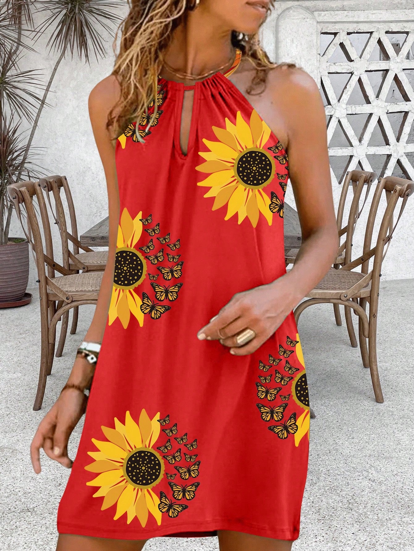 Women's Summer Sunflower Print Halter Neck Dress