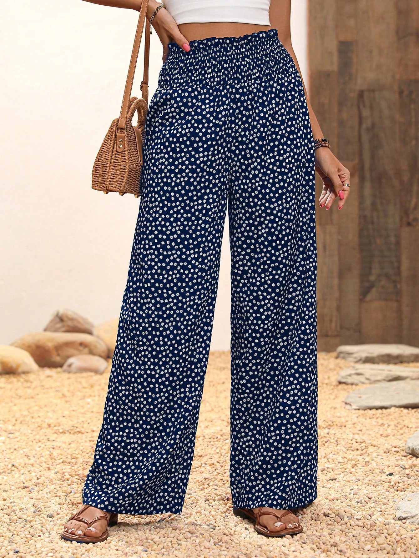 Floral Printed Elastic Waist Wide Leg Pants