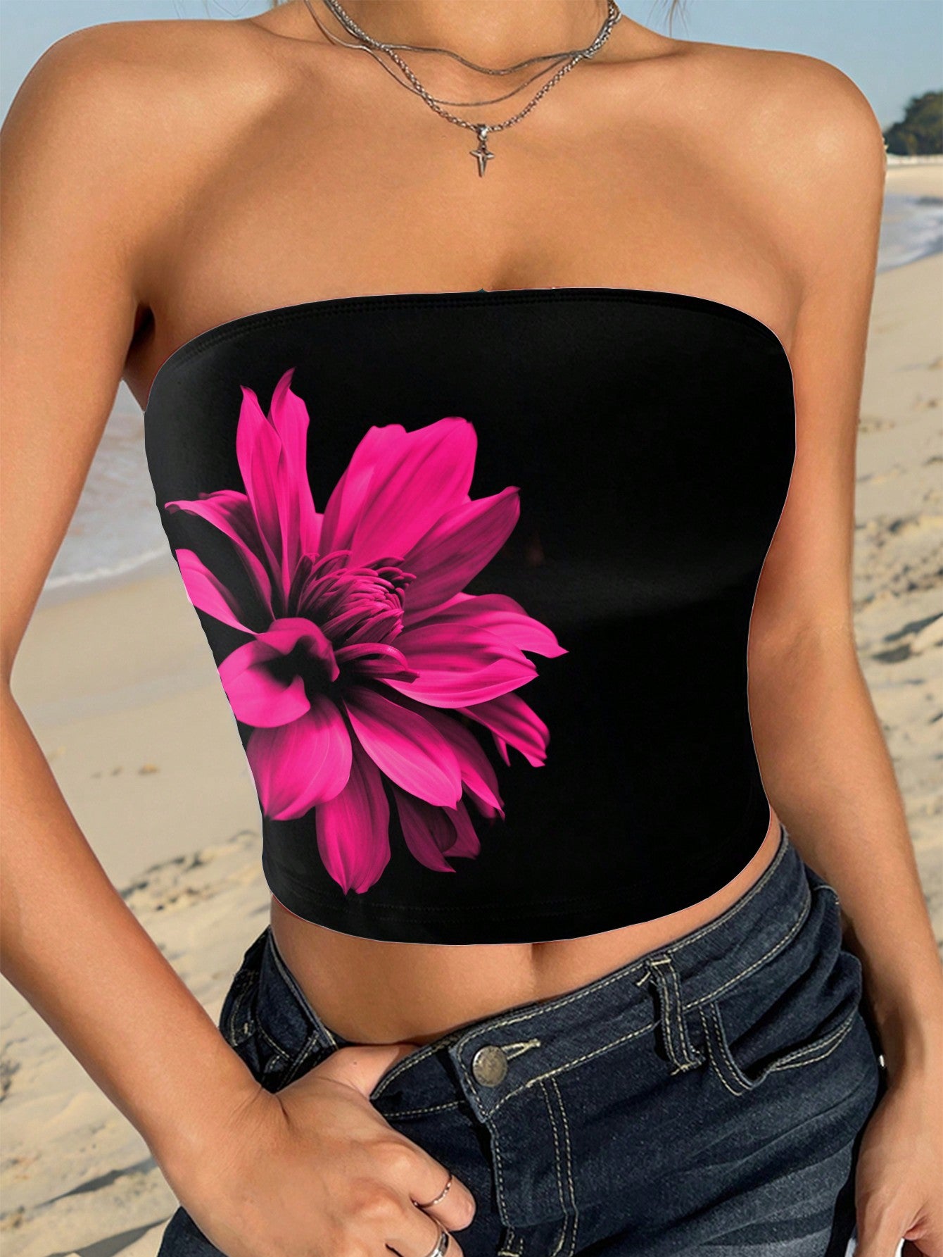 Women's Pink Flower Printed White Casual Tube Top, Summer