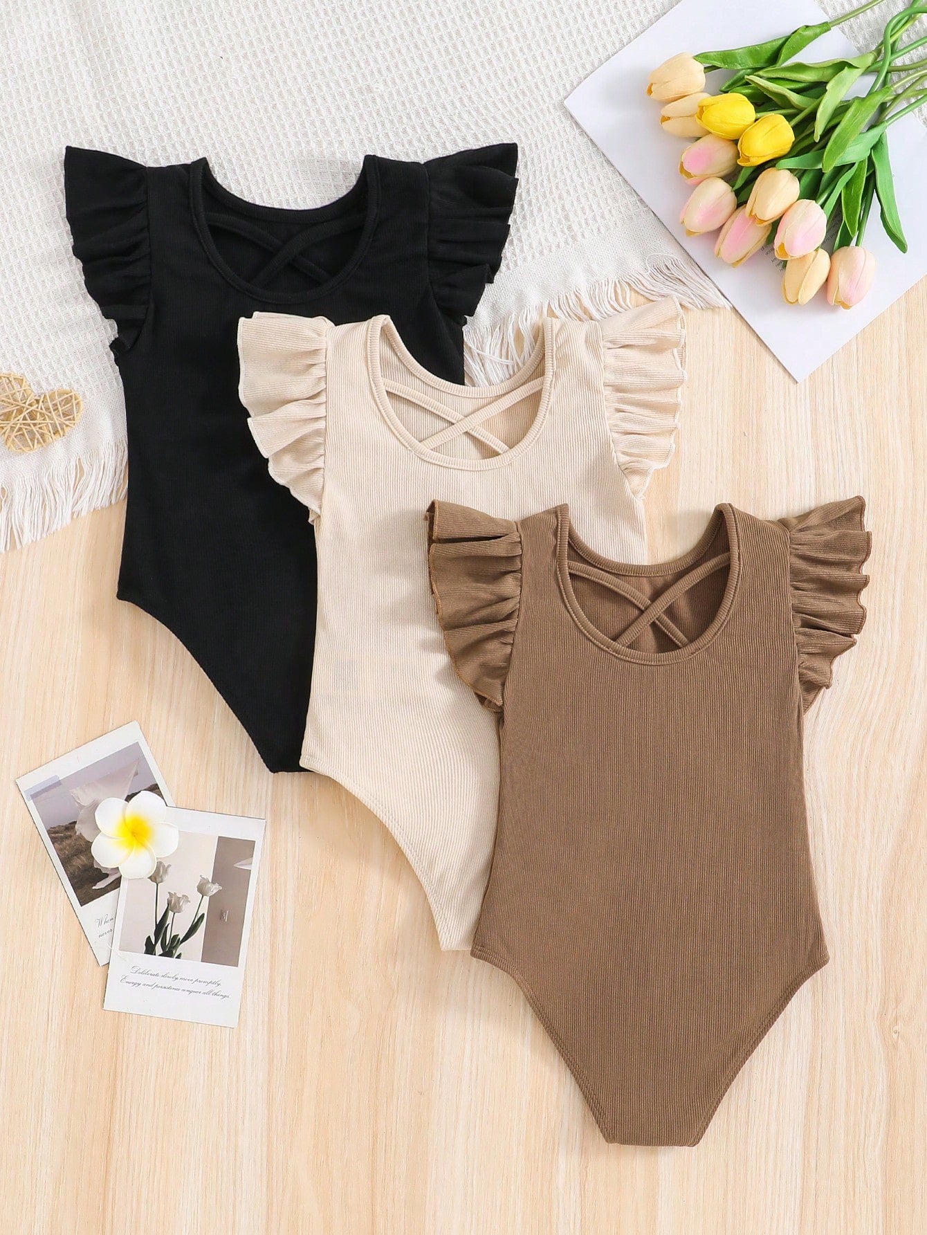 Young Girl 3pcs/Set Fashionable Crisscross Knitted Solid Ruffle Armhole Bodysuit