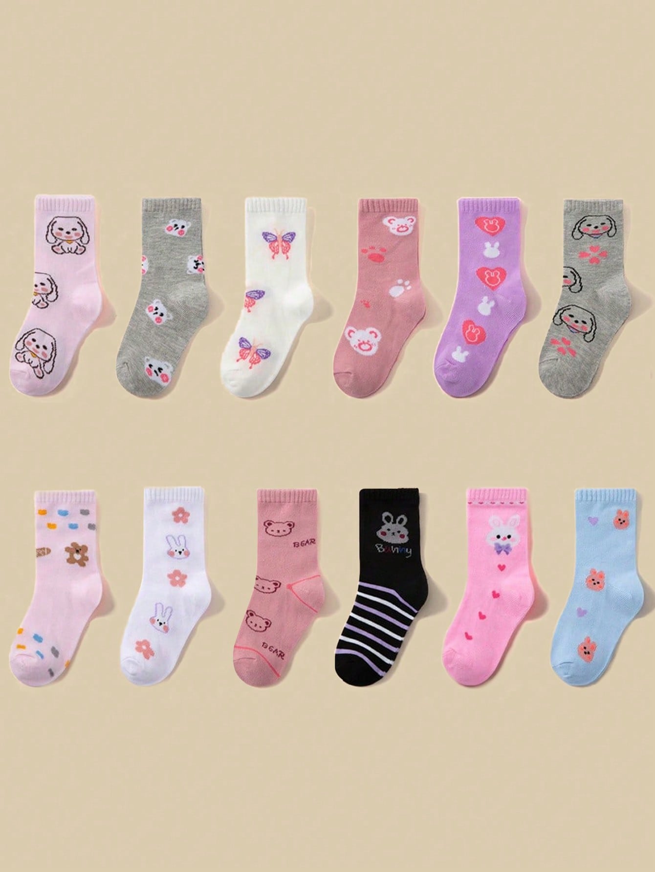 12 Pairs Girls' Cartoon Patterned Comfortable Mid-Calf Socks With Rabbit/Bear And Lace Decorations, Random Style For Daily Wear