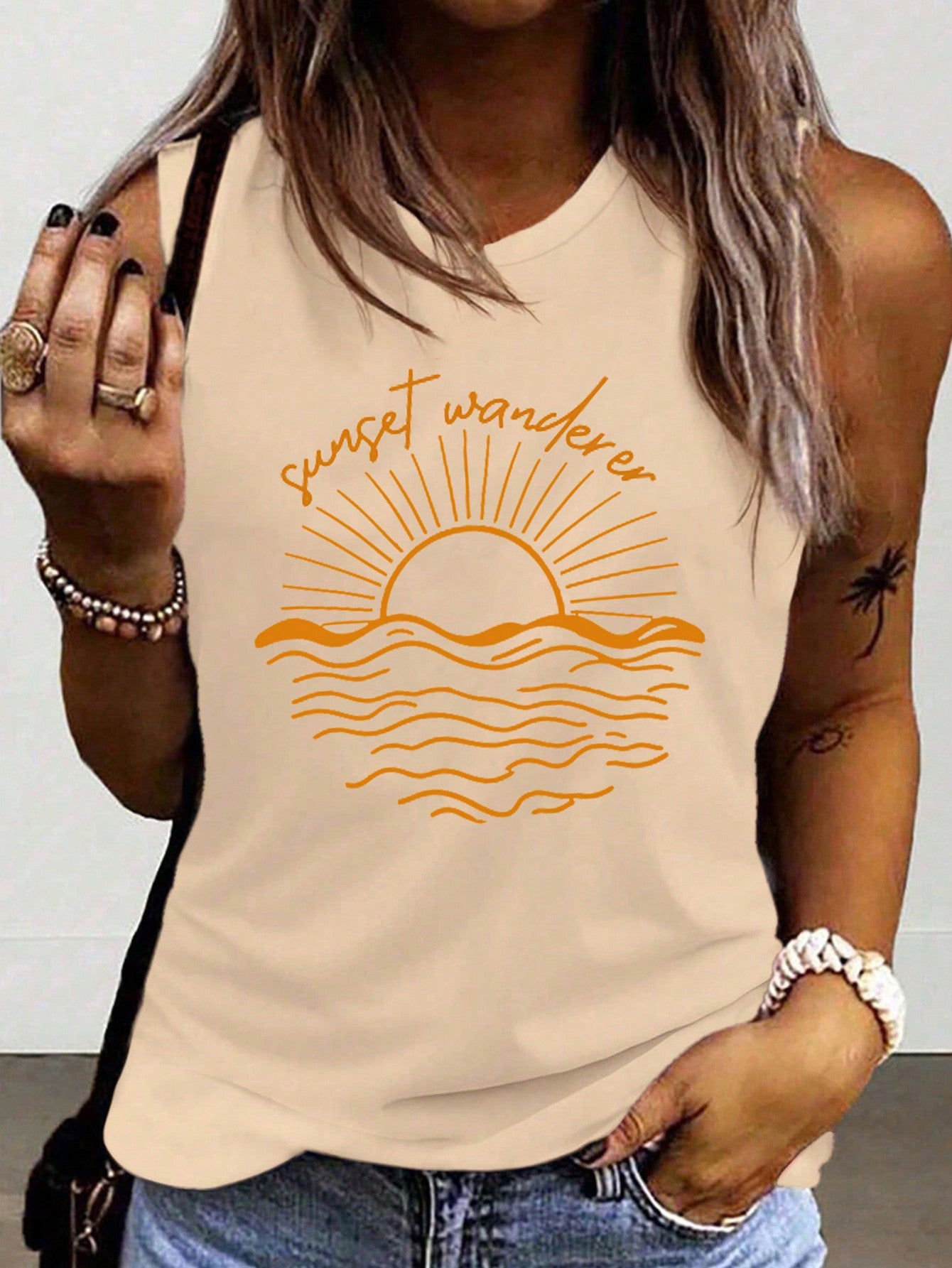 Simple Sun And Sunrise Print Casual Tank Top With Round Neckline