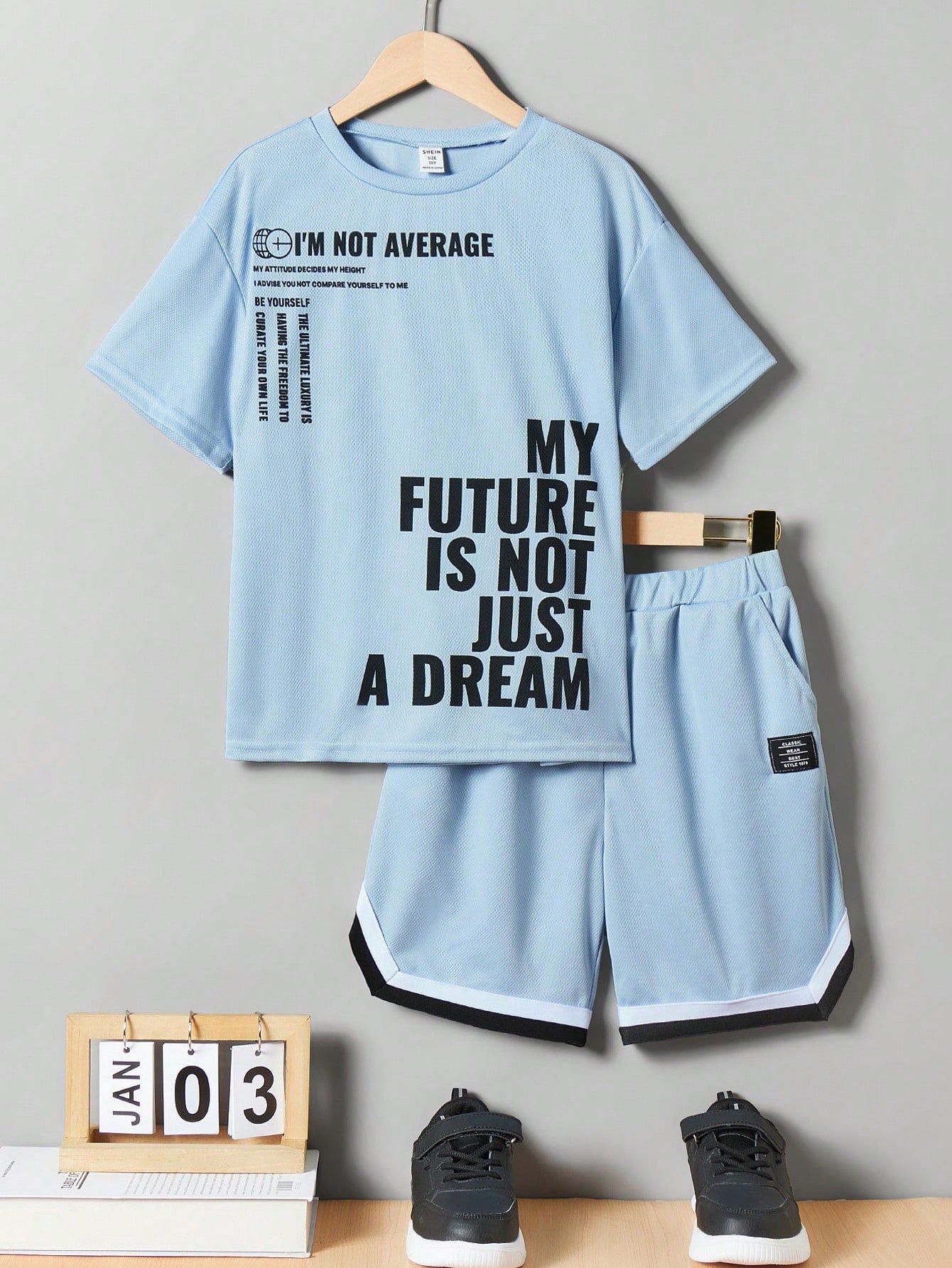 Teen Boy Casual Street Style Loose Fit Short Sleeve T-Shirt With Printed Letters, Spliced With Knitted Shorts Set