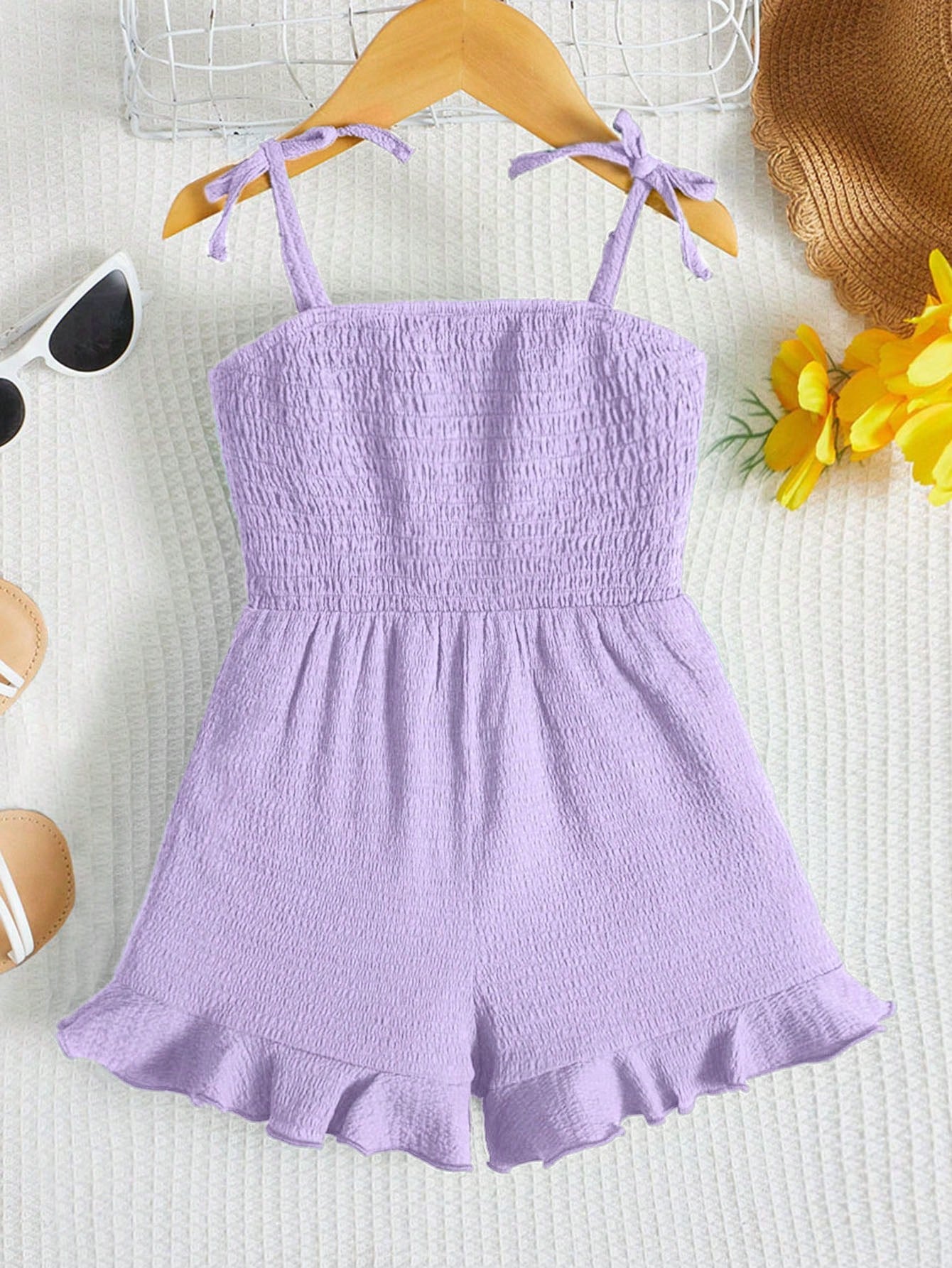 Young Girl Toddler Girls Tie Shoulder Ruffle Hem Cami Romper