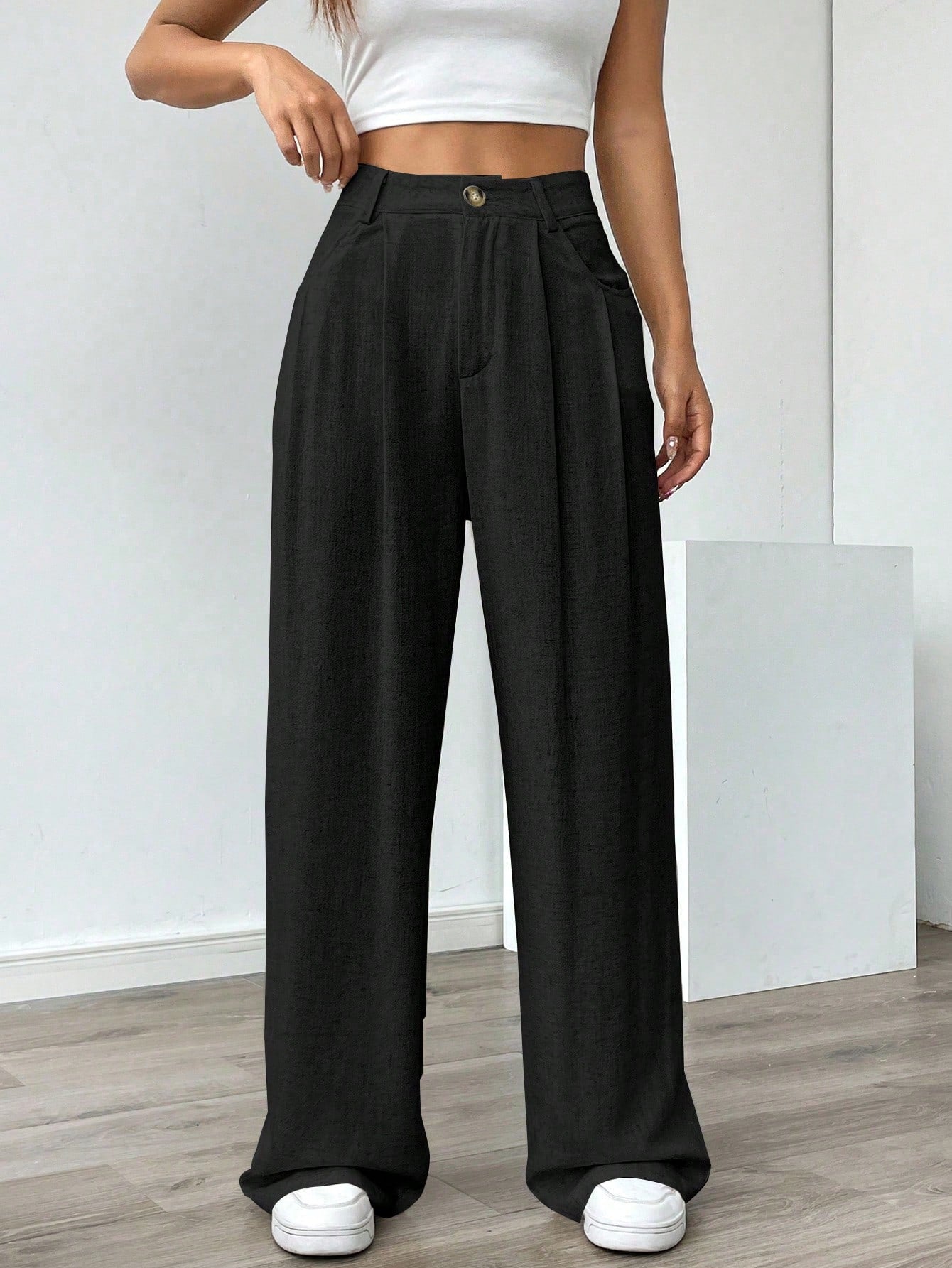 Women's Solid Color Button Pocket Casual Straight Pants