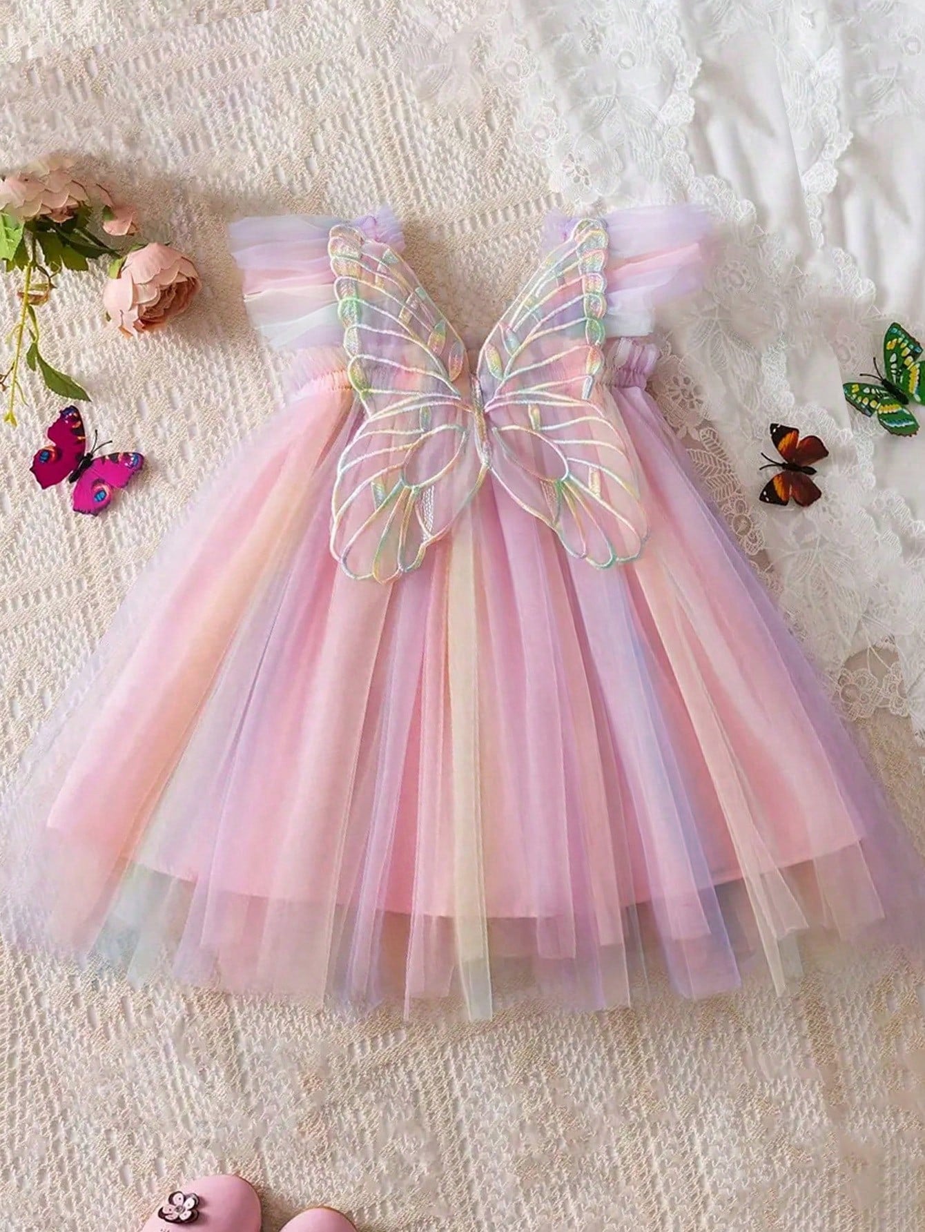 1pc Girls' Cute Elegant Princess Cap Sleeve Rainbow Tulle Tutu Dress With 3D Butterfly Decoration, Perfect For Parties, Birthdays, Beach And Vacation In Summer Or Autumn