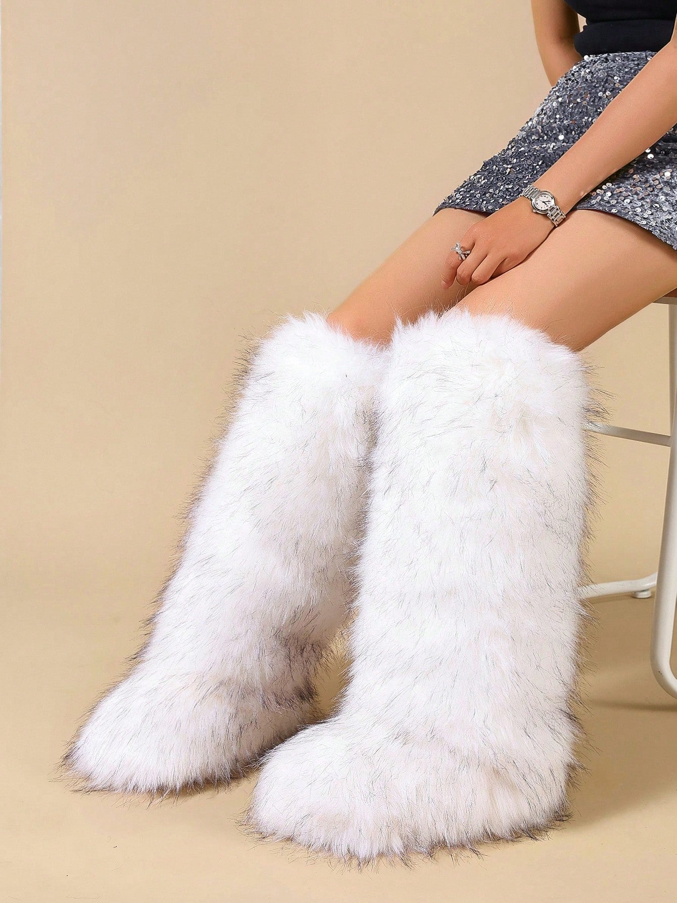 Faux Fur Flat High-Top Warm Winter Tall Boots, Round Toe Faux Fox Fur Snow Boots For Women